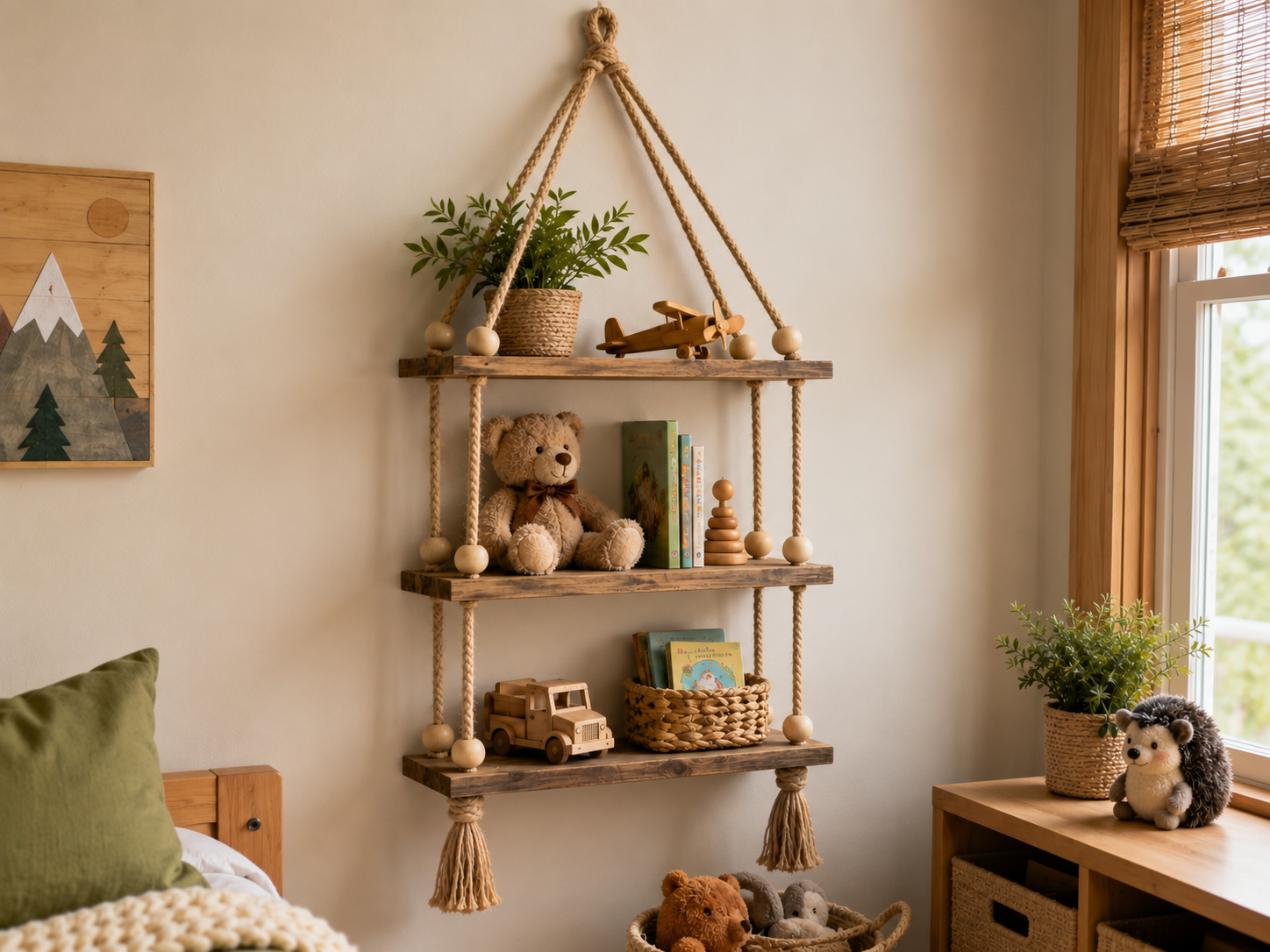 How to mount & style display - Cozy Boho Kids Room Hanging Rope Shelves DIY tutorial