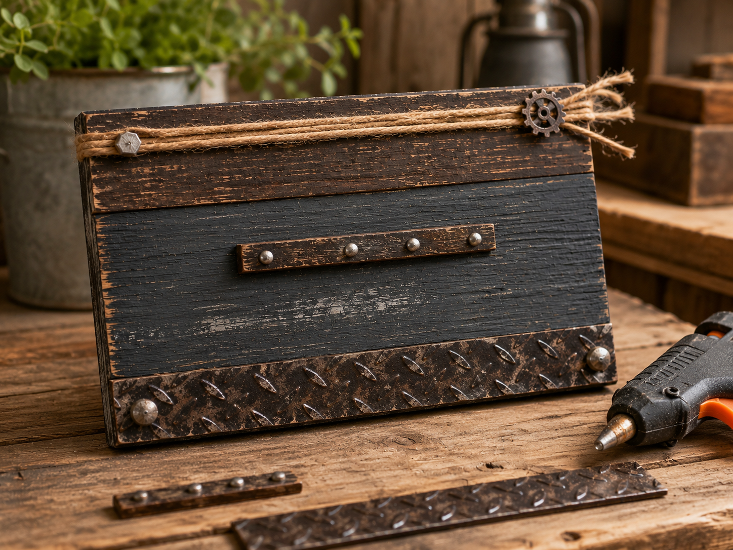 How to attach faux metal strips - Dad's Garage Rustic Mini Sign DIY tutorial