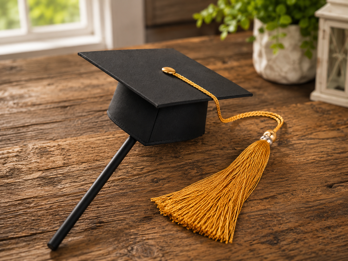 How to attach cap to stand and create tassel - DIY Dollar Tree Graduation Cap Flower Centerpiece DIY tutorial