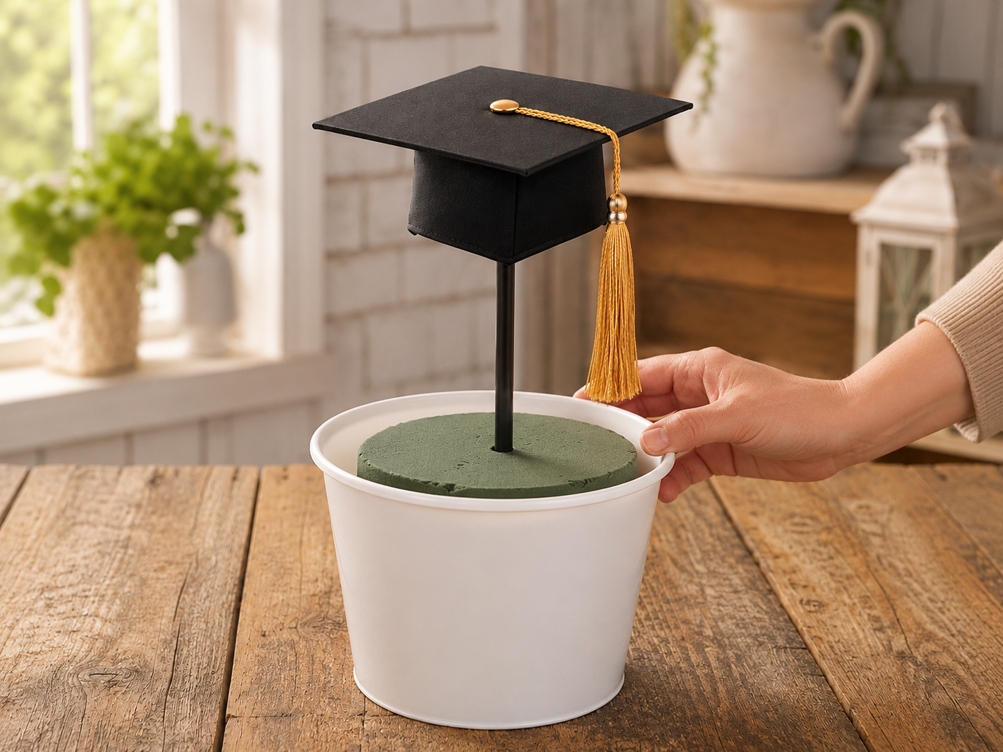 How to assemble the cap topper & insert into base - DIY Dollar Tree Graduation Cap Flower Centerpiece DIY tutorial