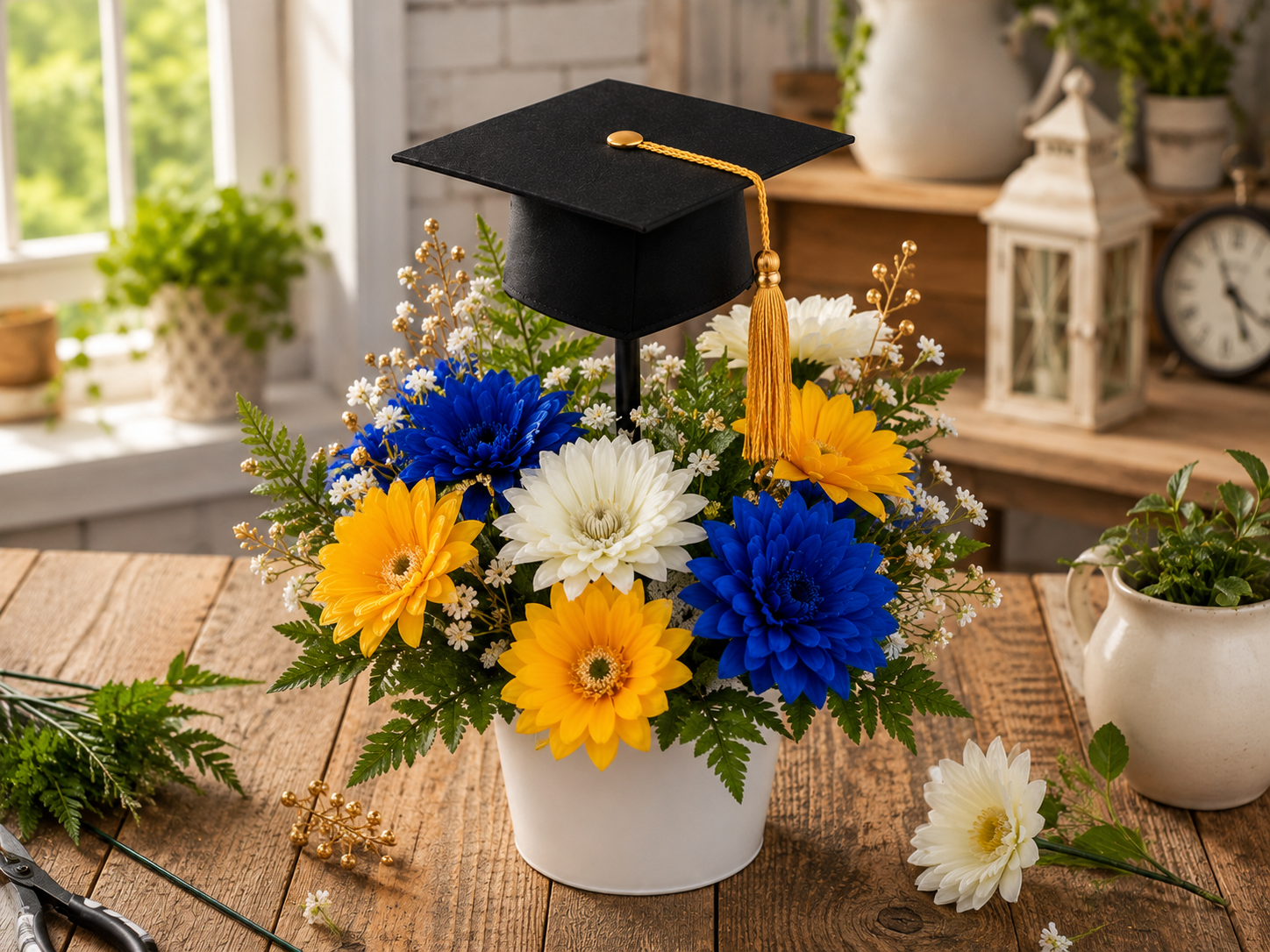 How to arrange faux flowers and greenery - DIY Dollar Tree Graduation Cap Flower Centerpiece DIY tutorial