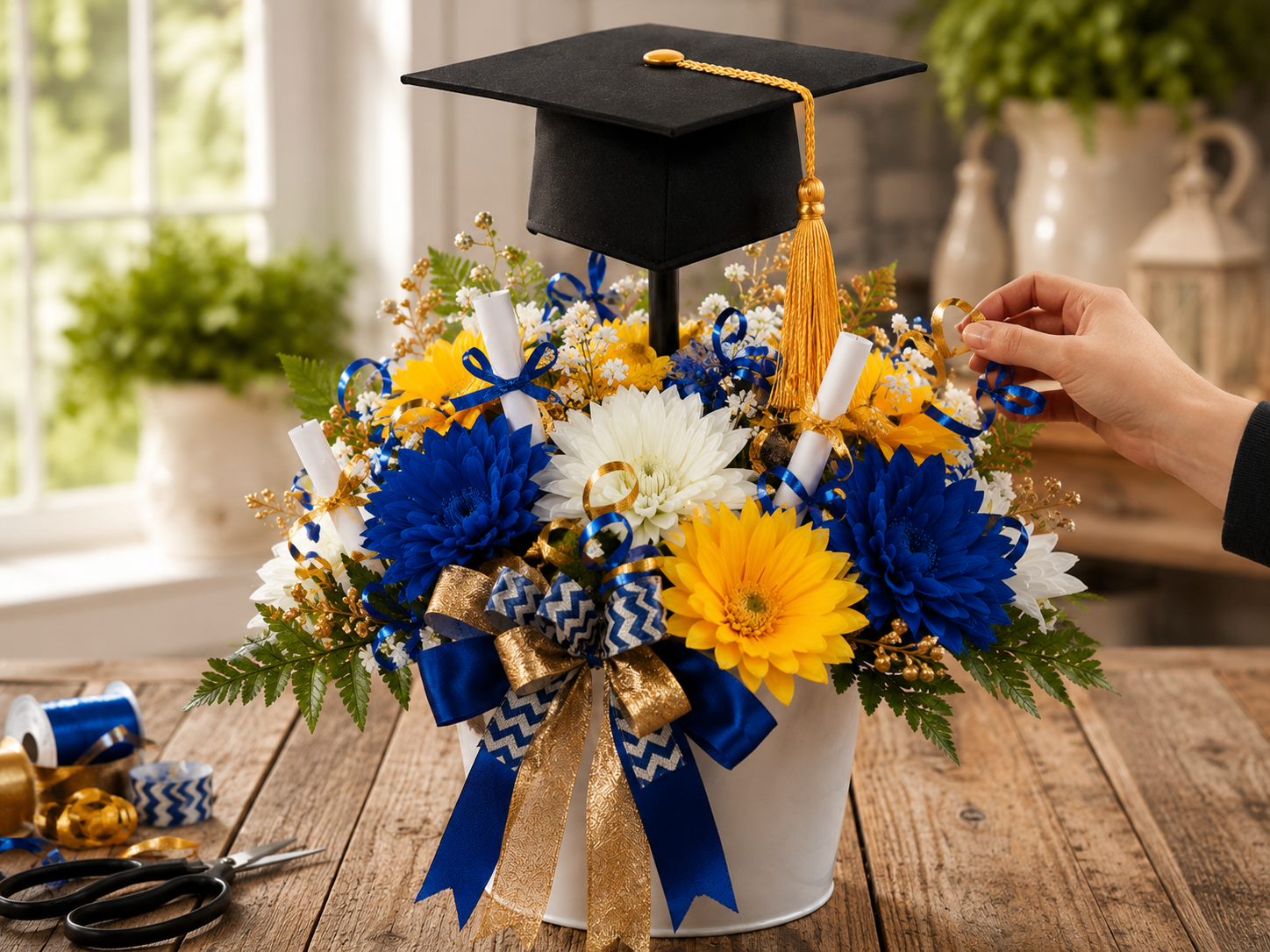 How to add decorative ribbon curls and mini diplomas - DIY Dollar Tree Graduation Cap Flower Centerpiece DIY tutorial