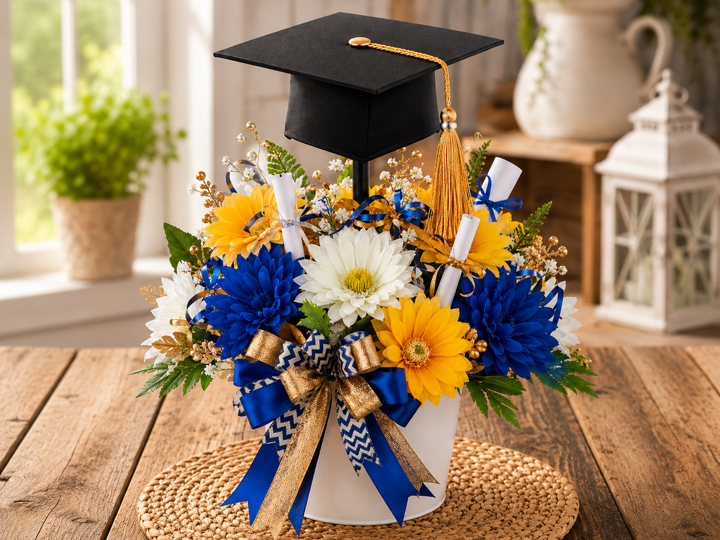 How to embellish the container with a bow - DIY Dollar Tree Graduation Cap Flower Centerpiece DIY tutorial