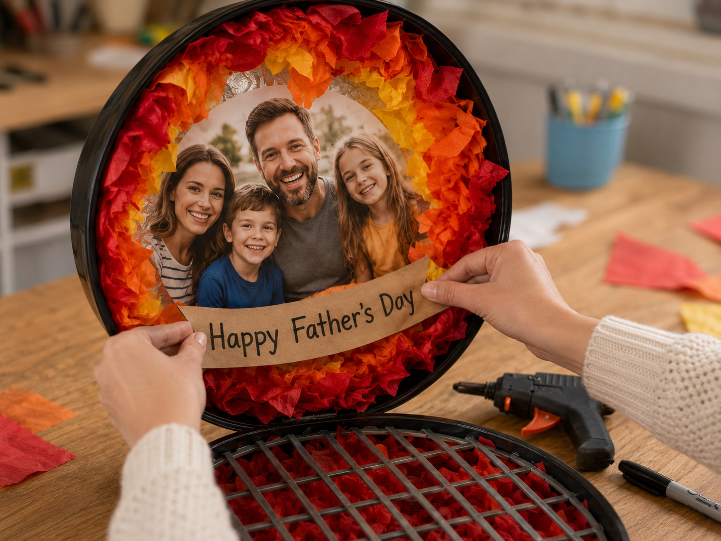 How to add photo and banner - Dollar Tree BBQ Grill Gift Box for Dad: A Sizzling Father's Day Keepsake! DIY tutorial