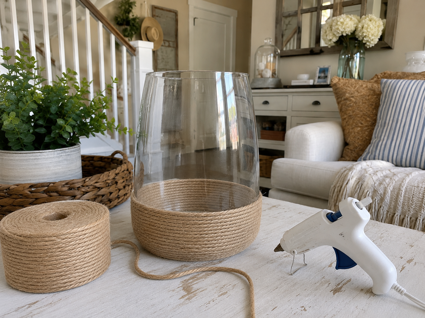 How to wrap base with jute rope - Dollar Tree Coastal Summer Lantern: Easy Beachy Charm DIY tutorial