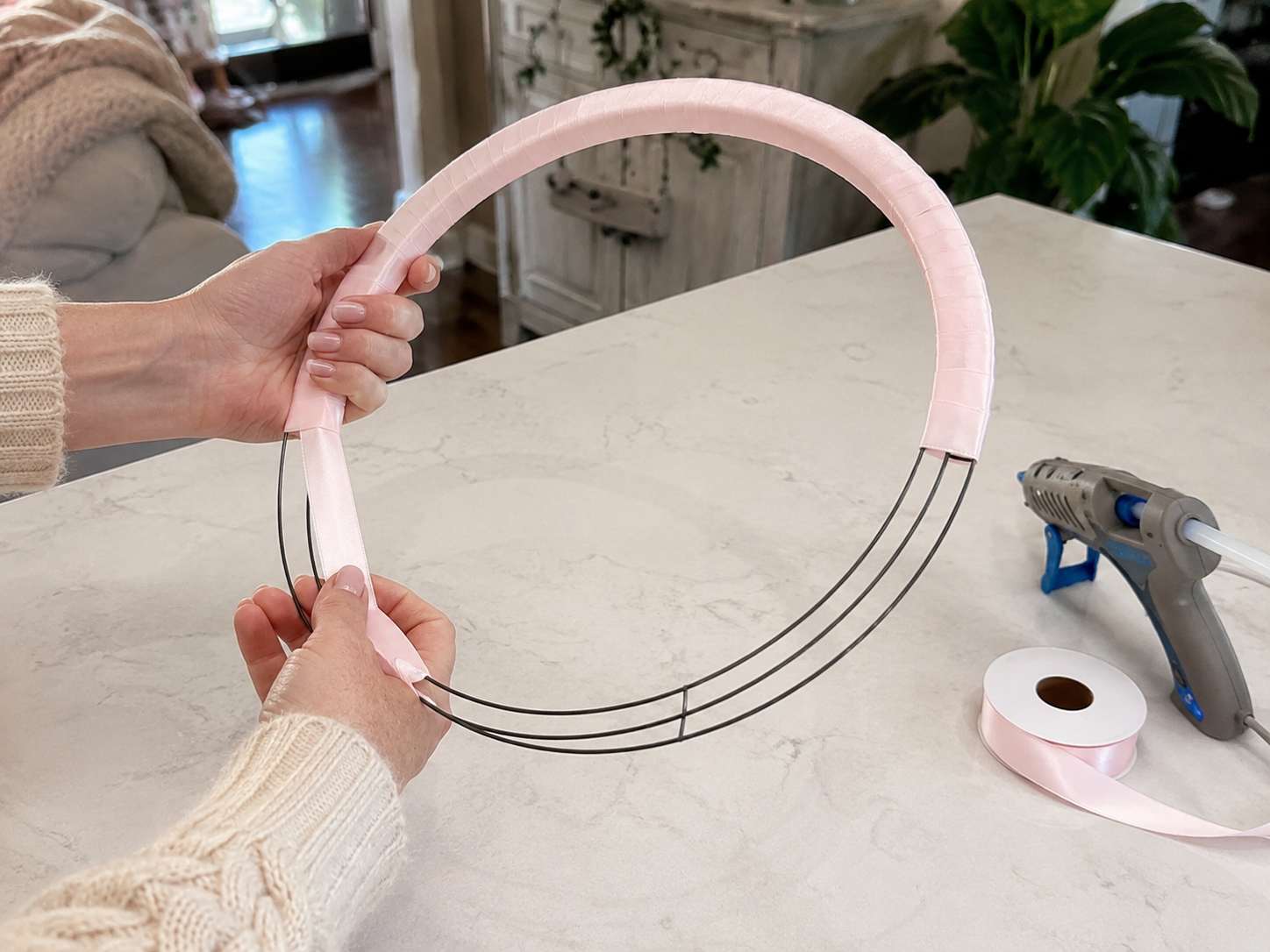 How to prepare & wrap the base ring - Dreamy Dollar Tree Floral Chandelier: An Elegant DIY Hanging Decor DIY tutorial