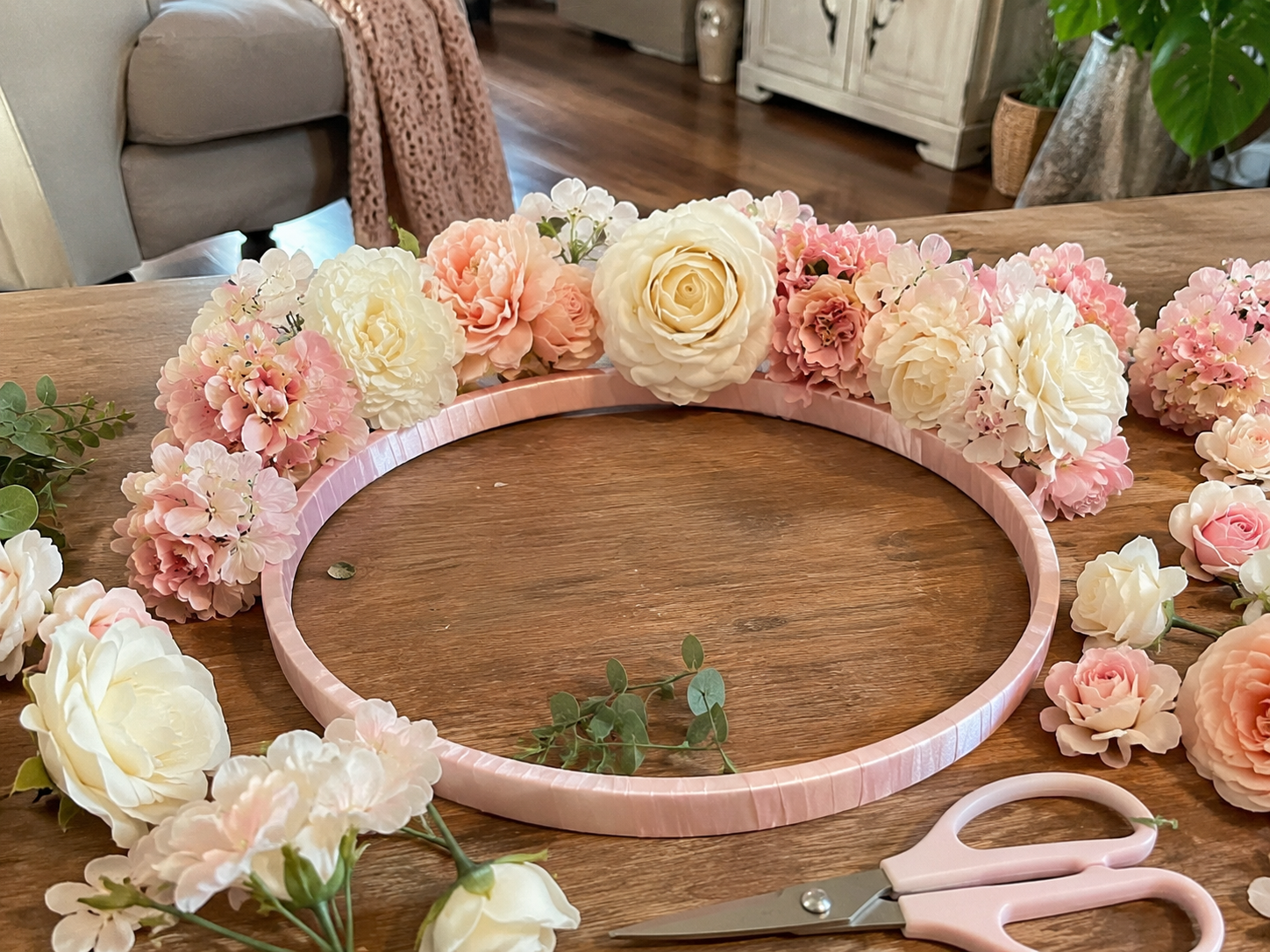 How to create the floral crown base - Dreamy Dollar Tree Floral Chandelier: An Elegant DIY Hanging Decor DIY tutorial