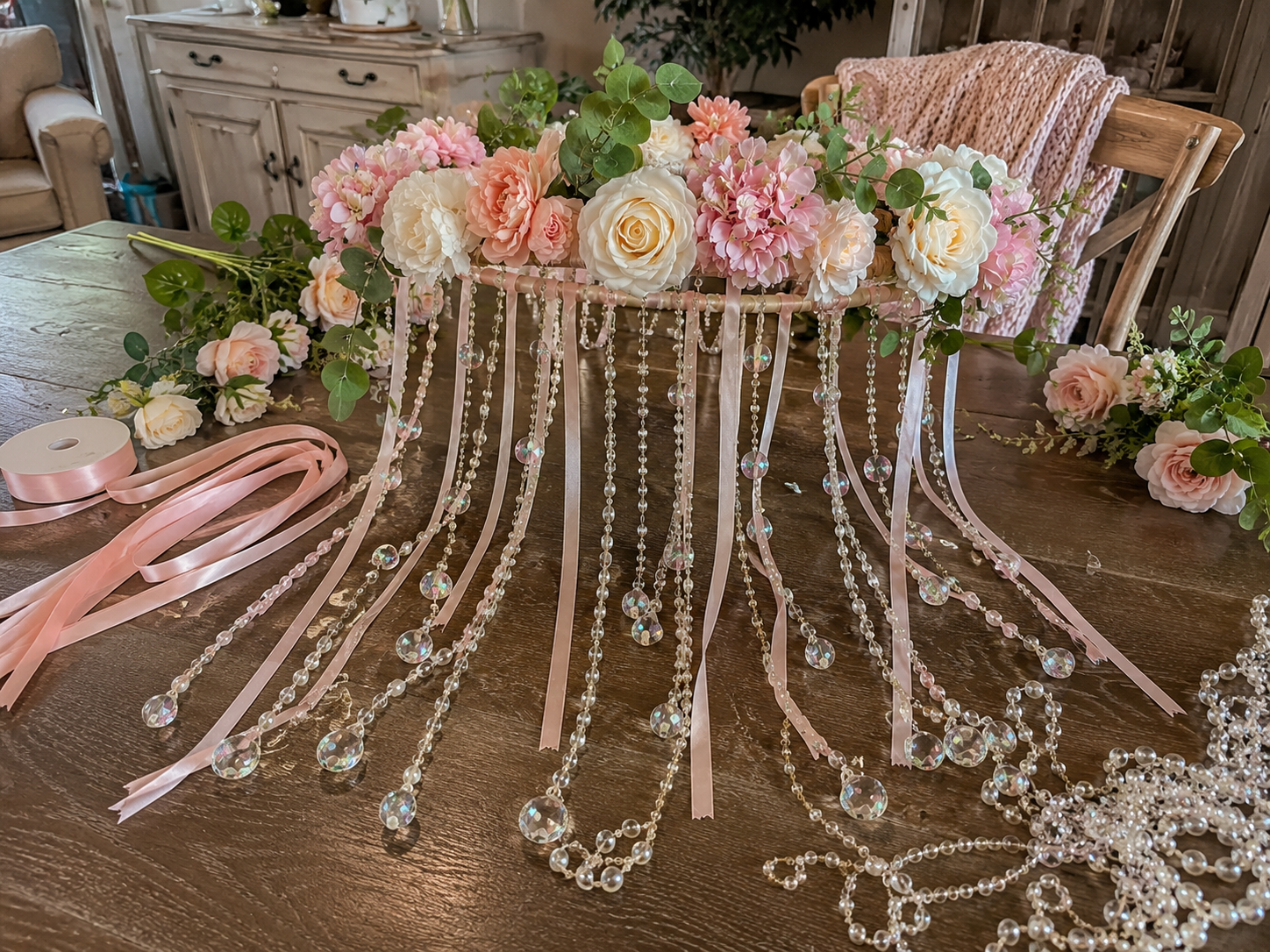 How to attach draping strands & ribbons - Dreamy Dollar Tree Floral Chandelier: An Elegant DIY Hanging Decor DIY tutorial