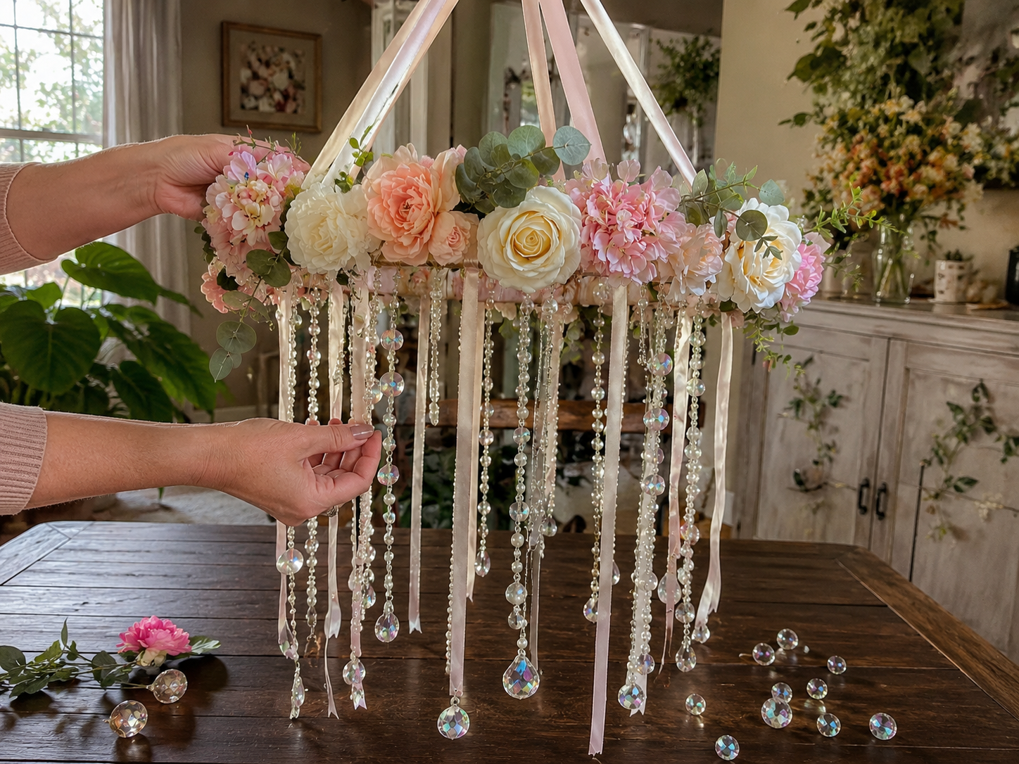 How to add faux crystal drops - Dreamy Dollar Tree Floral Chandelier: An Elegant DIY Hanging Decor DIY tutorial