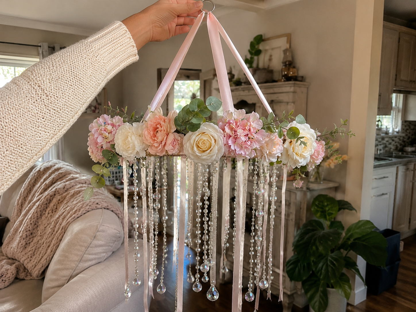 How to construct hanging straps - Dreamy Dollar Tree Floral Chandelier: An Elegant DIY Hanging Decor DIY tutorial