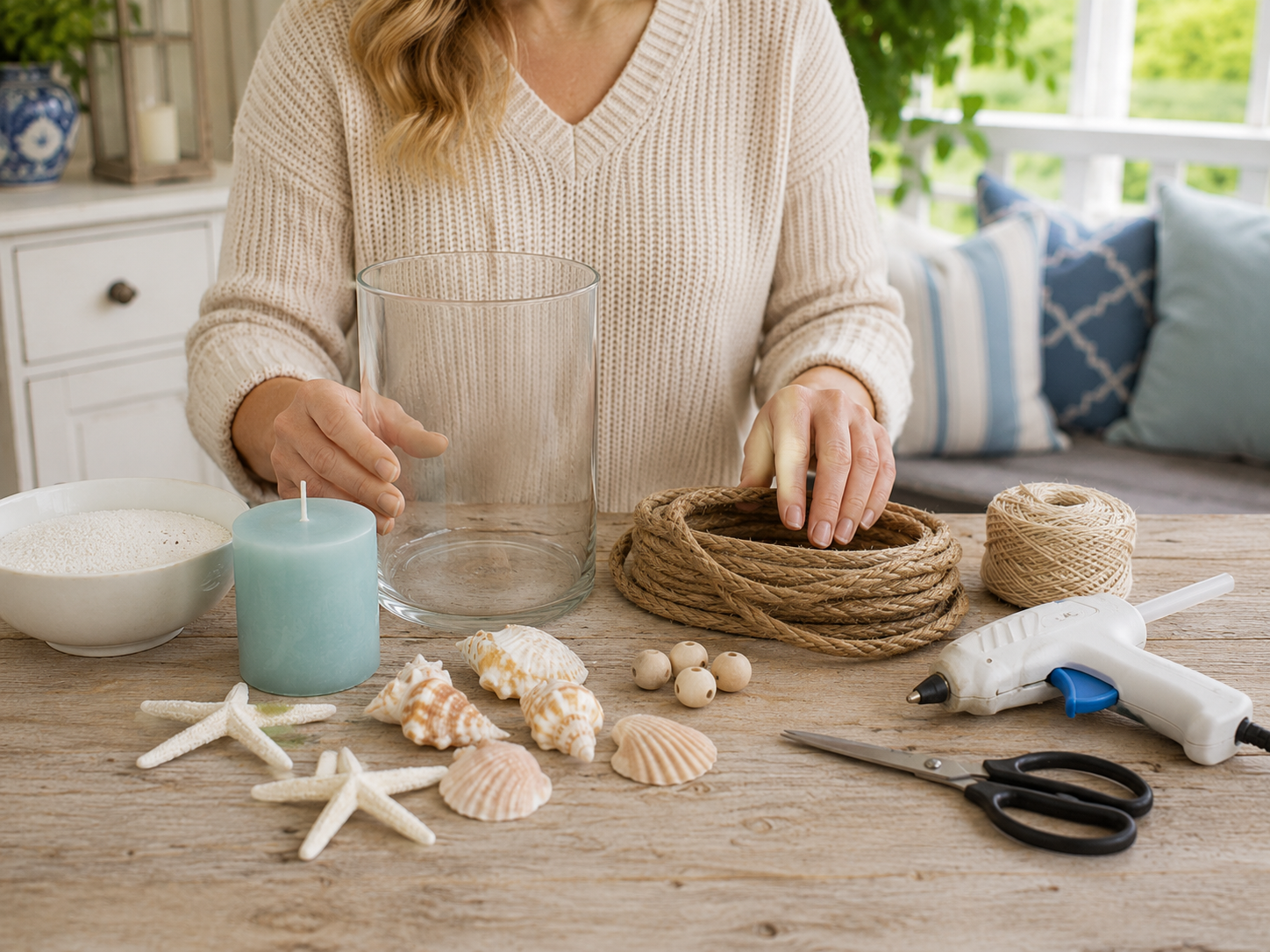 How to gather your coastal craft supplies - Elegant Coastal Candle Holder: Dollar Tree Chic DIY tutorial