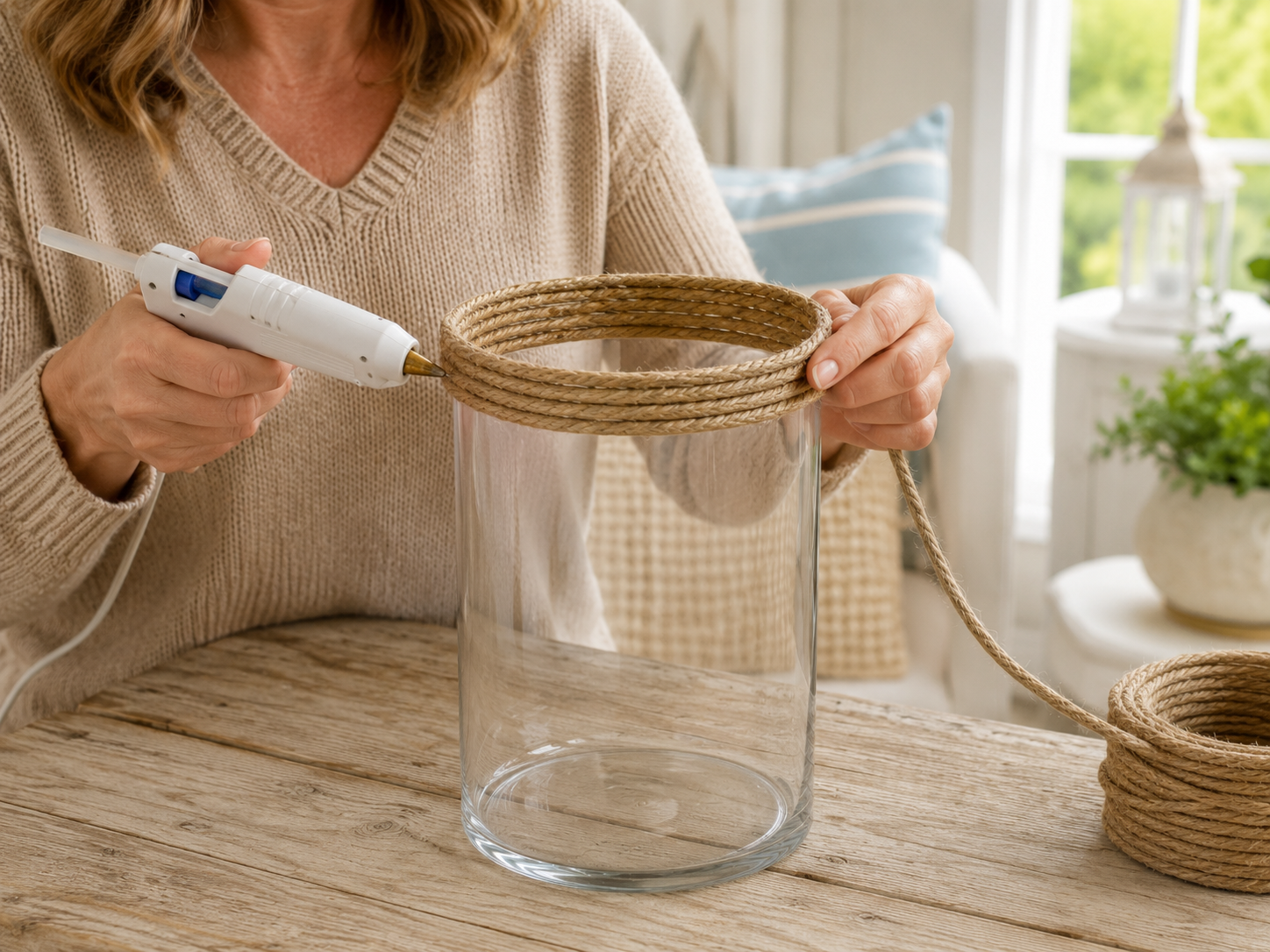 How to wrap the jute rope rim - Elegant Coastal Candle Holder: Dollar Tree Chic DIY tutorial