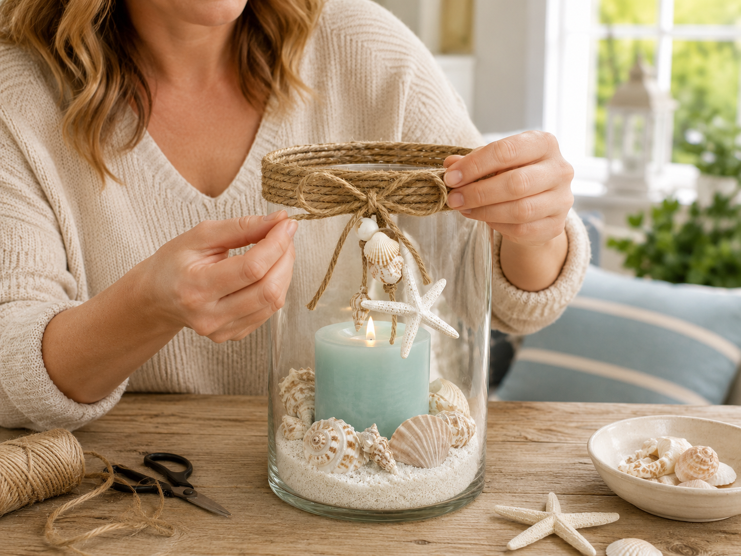 How to create and attach the jute bow - Elegant Coastal Candle Holder: Dollar Tree Chic DIY tutorial