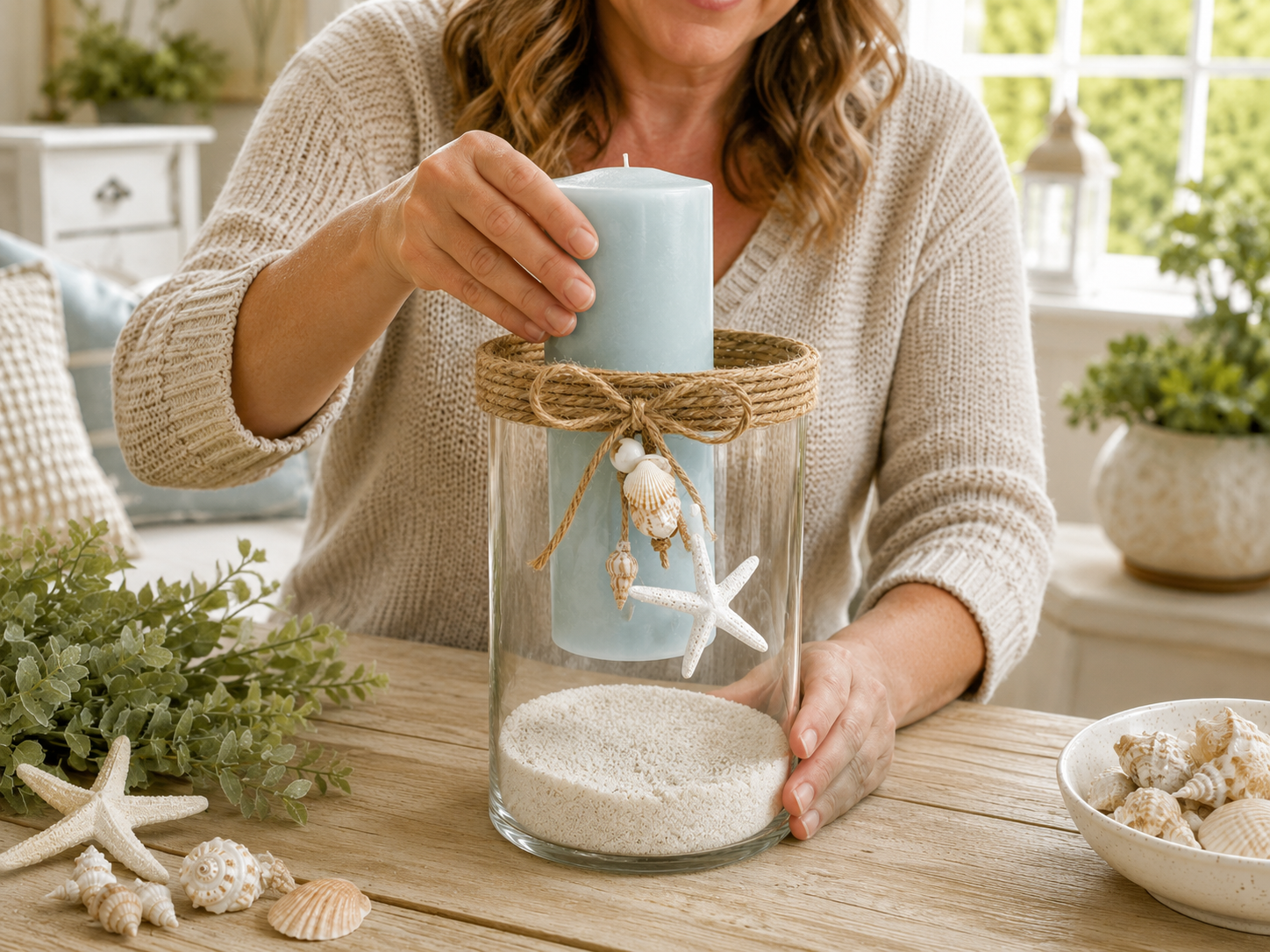 How to place the pillar candle - Elegant Coastal Candle Holder: Dollar Tree Chic DIY tutorial