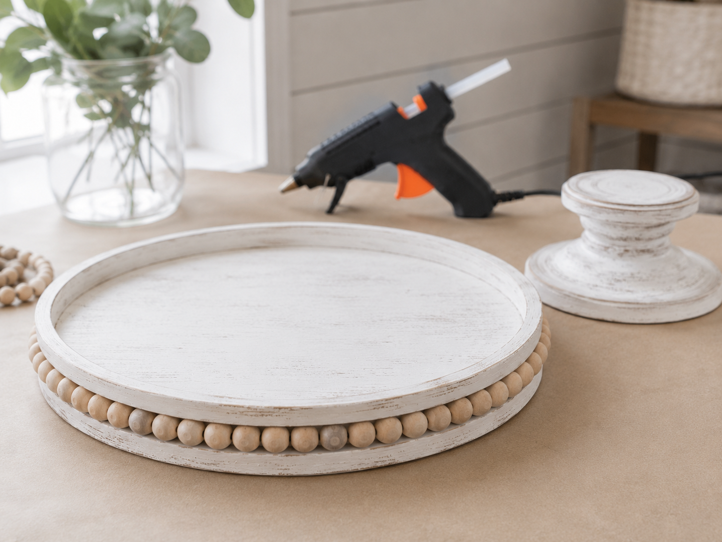How to embellish with wooden beads - Elegant Farmhouse Beaded Tray Centerpiece DIY tutorial