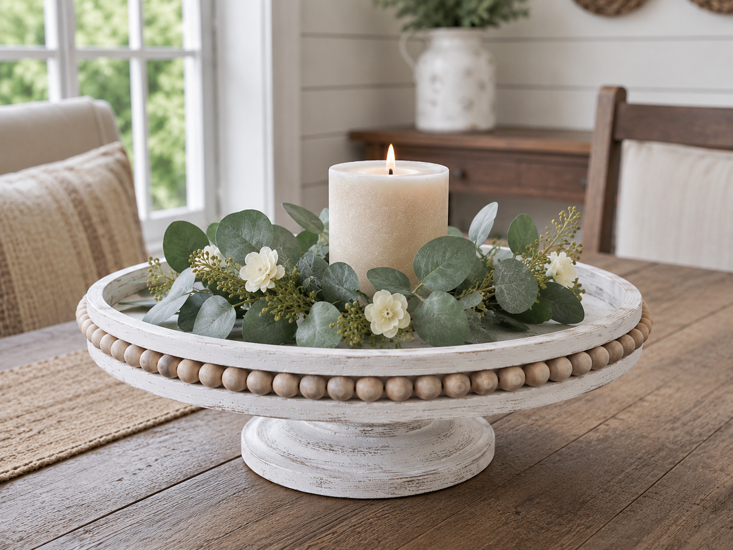 How to decorate with candle & greenery - Elegant Farmhouse Beaded Tray Centerpiece DIY tutorial