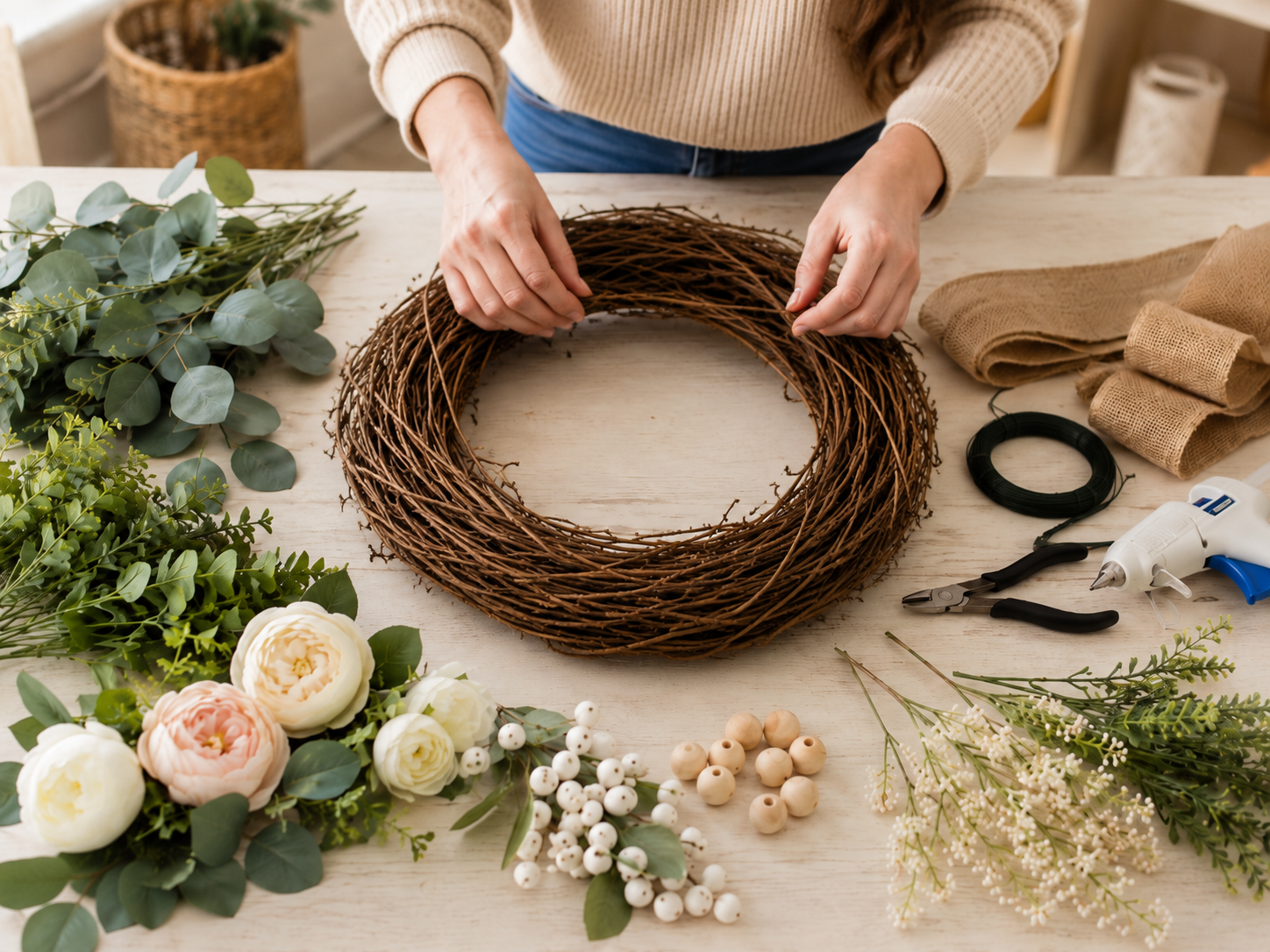 How to plan your wreath design - Elegant Farmhouse Grapevine Wreath: DIY Door Decor DIY tutorial
