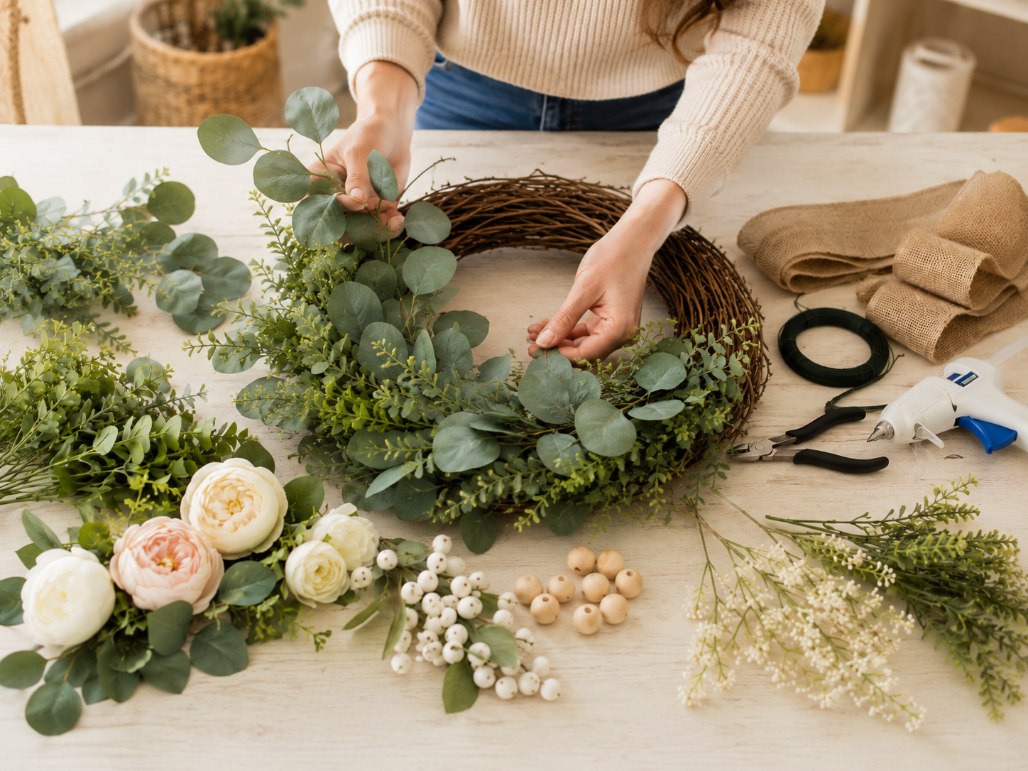 How to attach base greenery - Elegant Farmhouse Grapevine Wreath: DIY Door Decor DIY tutorial
