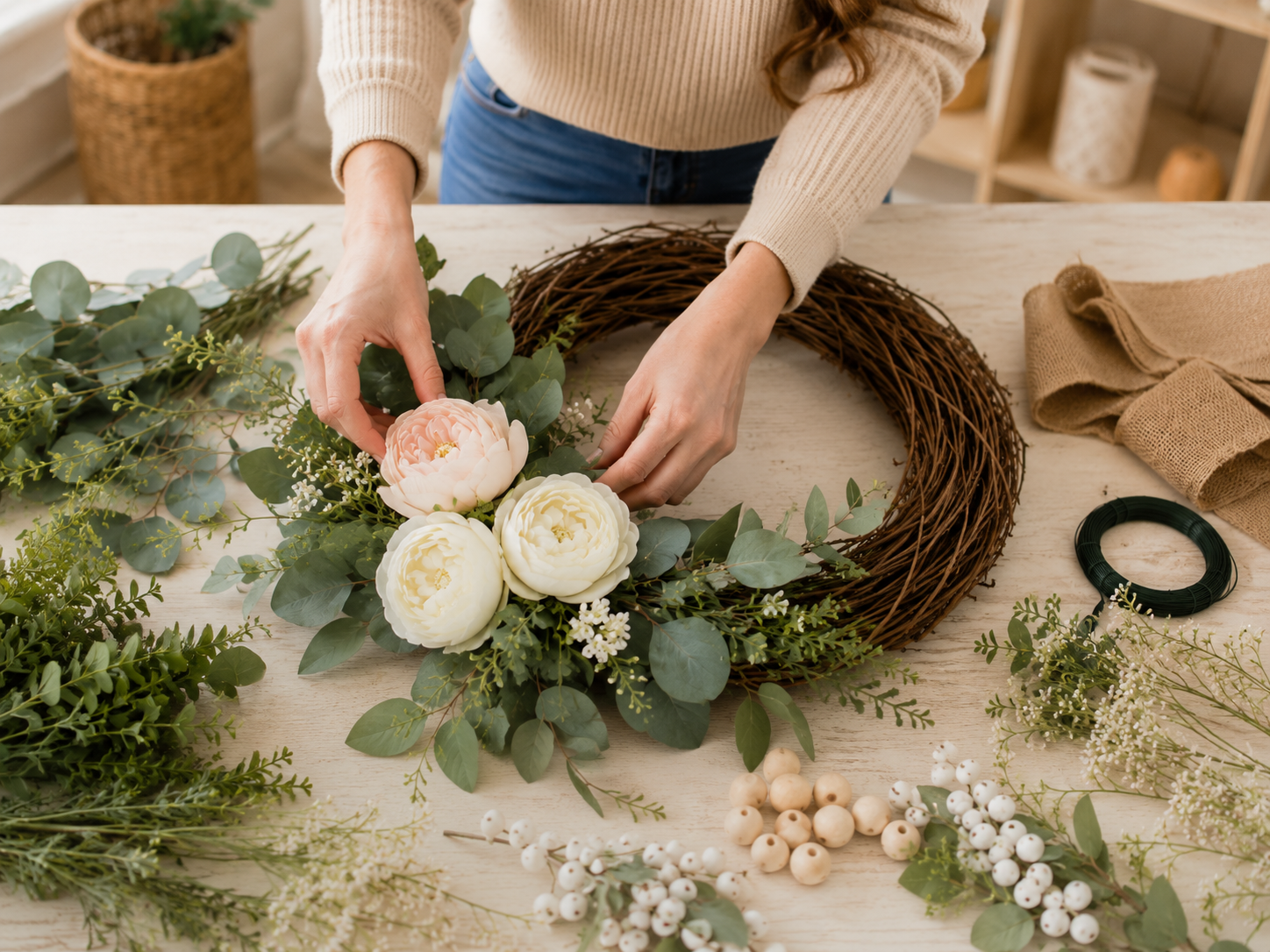 How to place main floral focal point - Elegant Farmhouse Grapevine Wreath: DIY Door Decor DIY tutorial