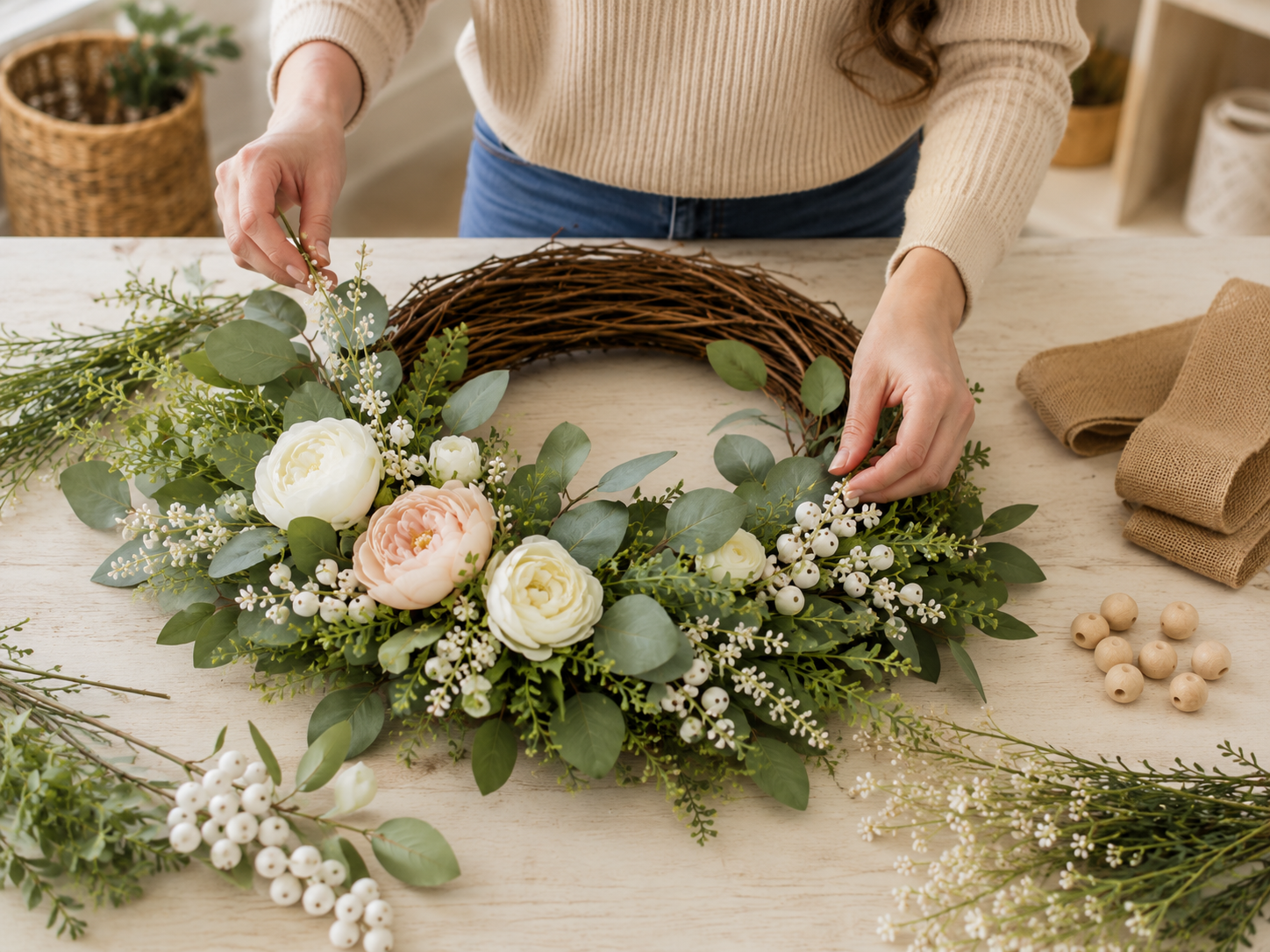 How to layer small florals & berries - Elegant Farmhouse Grapevine Wreath: DIY Door Decor DIY tutorial