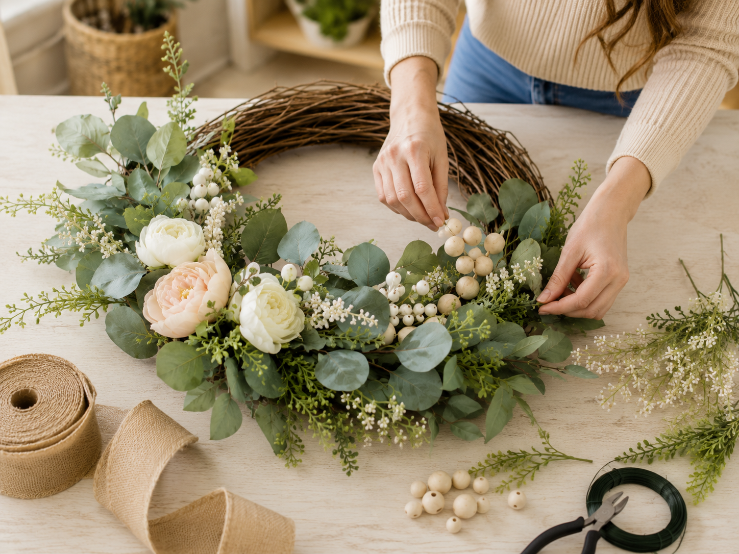 How to add wooden bead accent - Elegant Farmhouse Grapevine Wreath: DIY Door Decor DIY tutorial