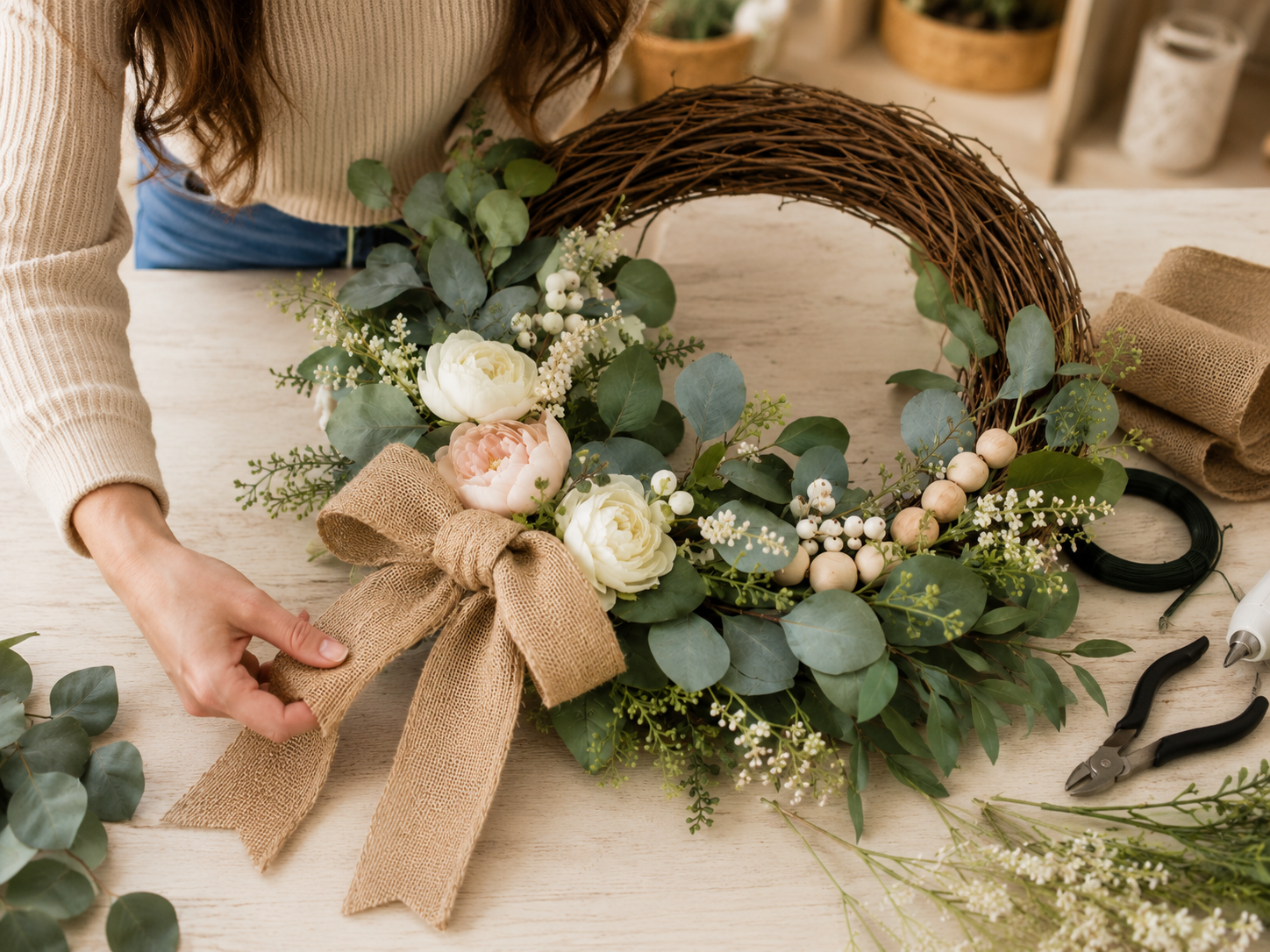 How to craft and attach burlap bow - Elegant Farmhouse Grapevine Wreath: DIY Door Decor DIY tutorial