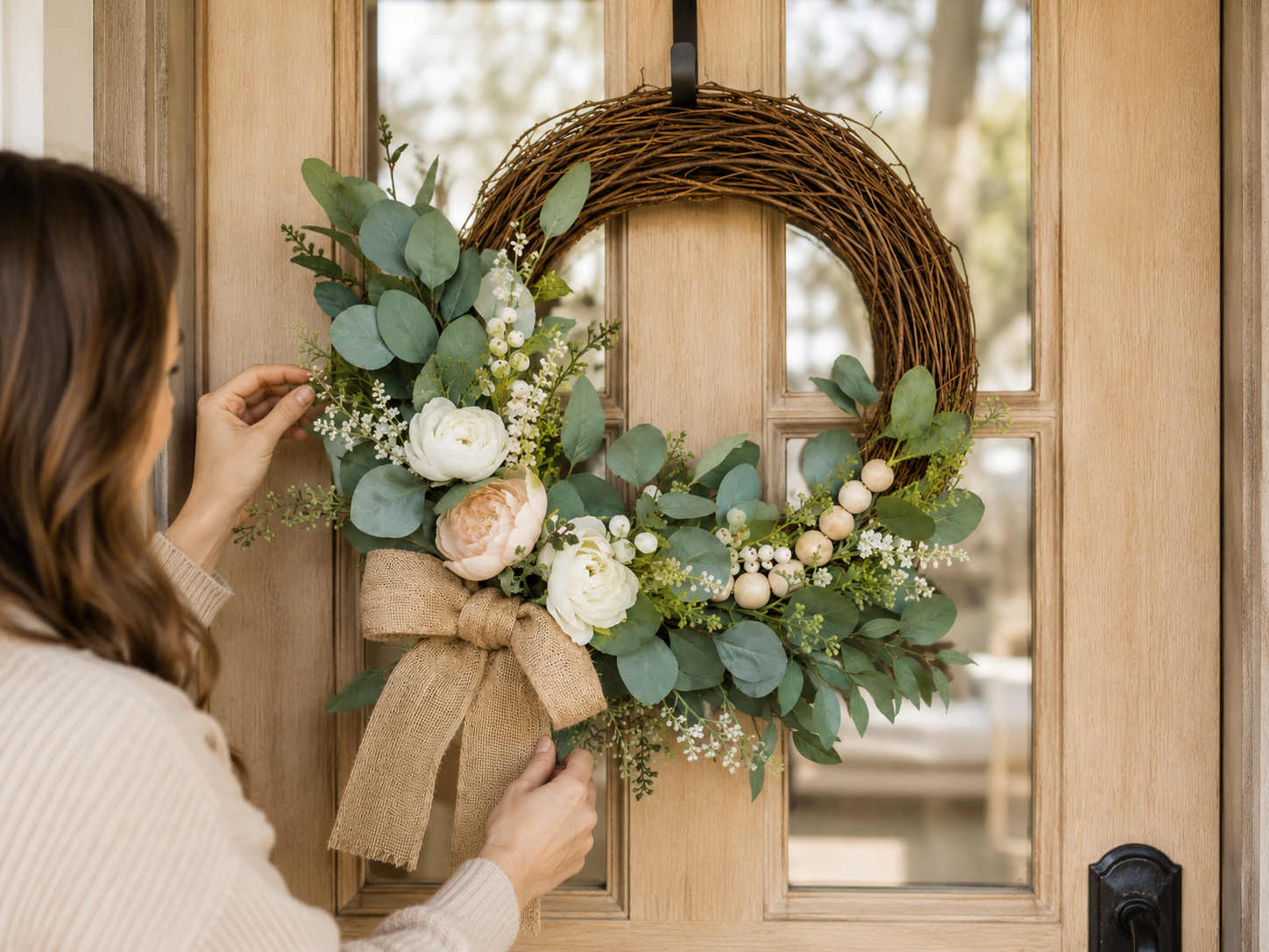 How to final adjustments & refinements - Elegant Farmhouse Grapevine Wreath: DIY Door Decor DIY tutorial