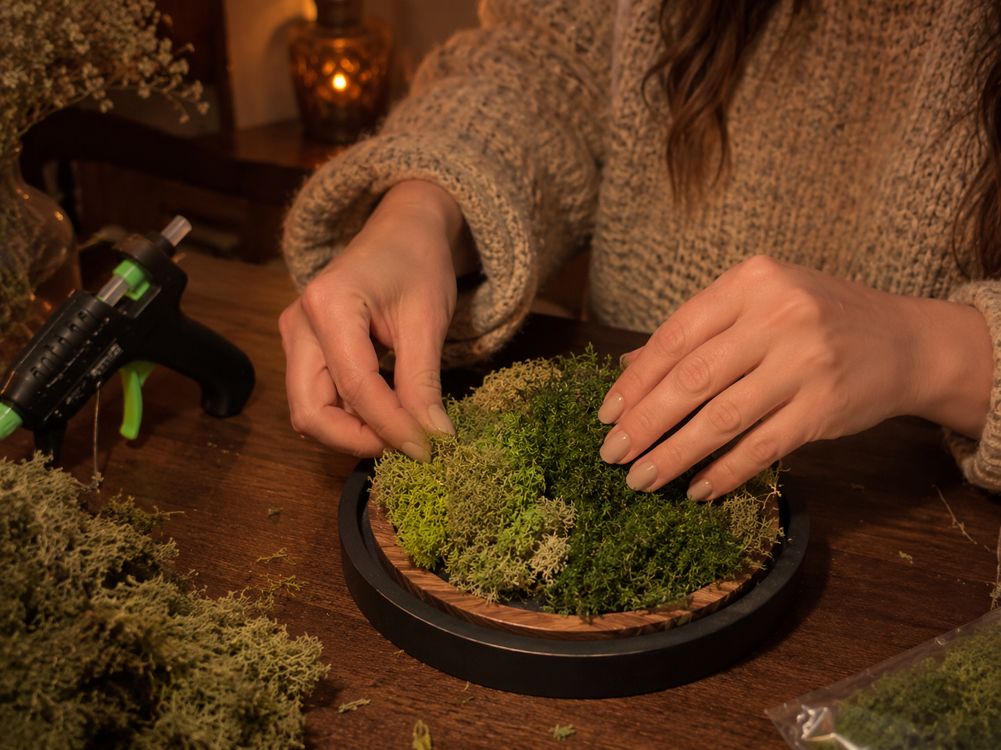 How to lay the moss foundation - Enchanted Forest Crystal Cloche: A Dollar Tree DIY DIY tutorial