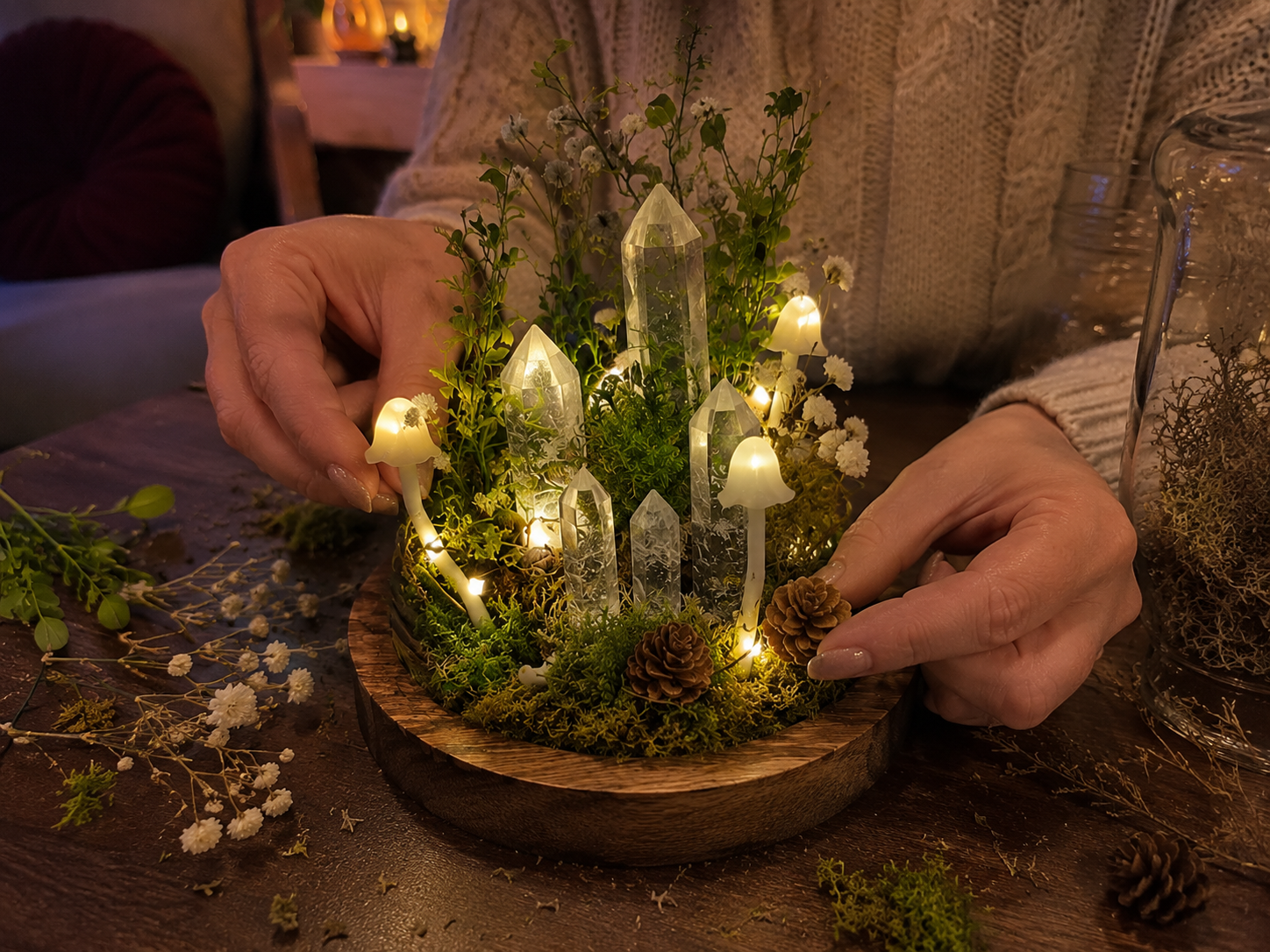How to nestle mushrooms & natural accents - Enchanted Forest Crystal Cloche: A Dollar Tree DIY DIY tutorial