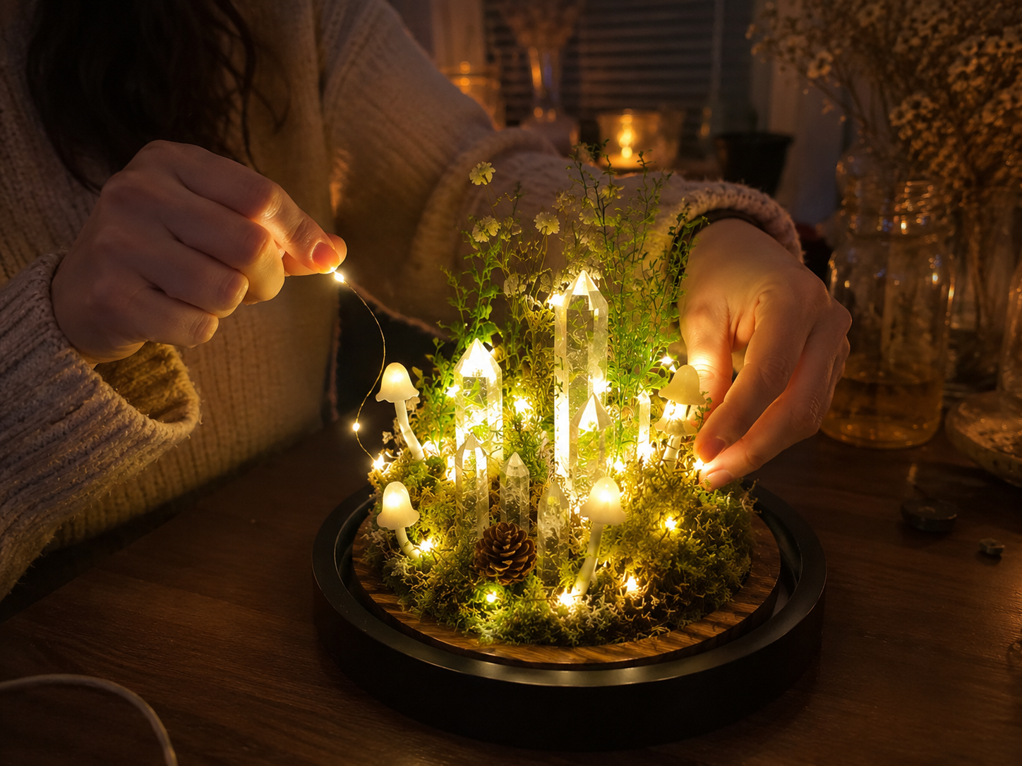 How to weave in the fairy lights - Enchanted Forest Crystal Cloche: A Dollar Tree DIY DIY tutorial