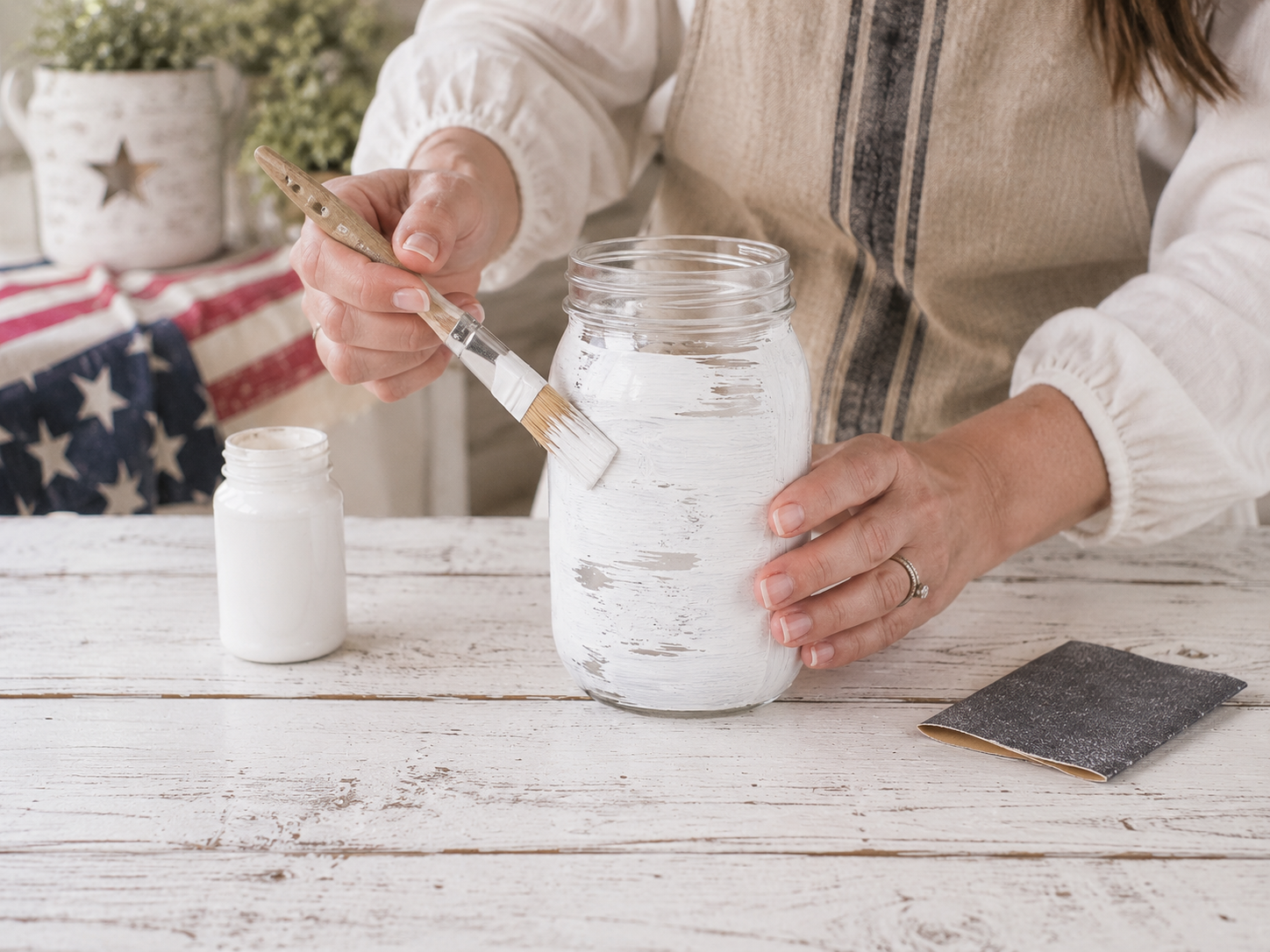 How to prepare & distress the jar - Farmhouse Patriotic Poppy Centerpiece (Dollar Tree Craft) DIY tutorial
