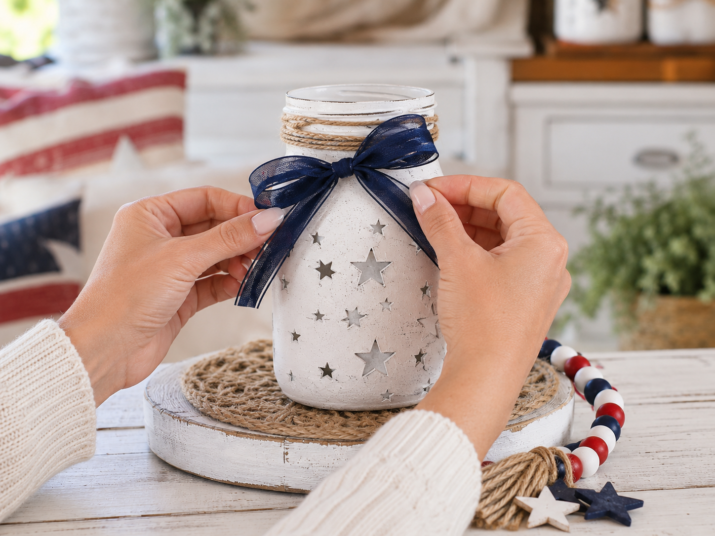 How to embellish jar rim & neck - Farmhouse Patriotic Poppy Centerpiece (Dollar Tree Craft) DIY tutorial
