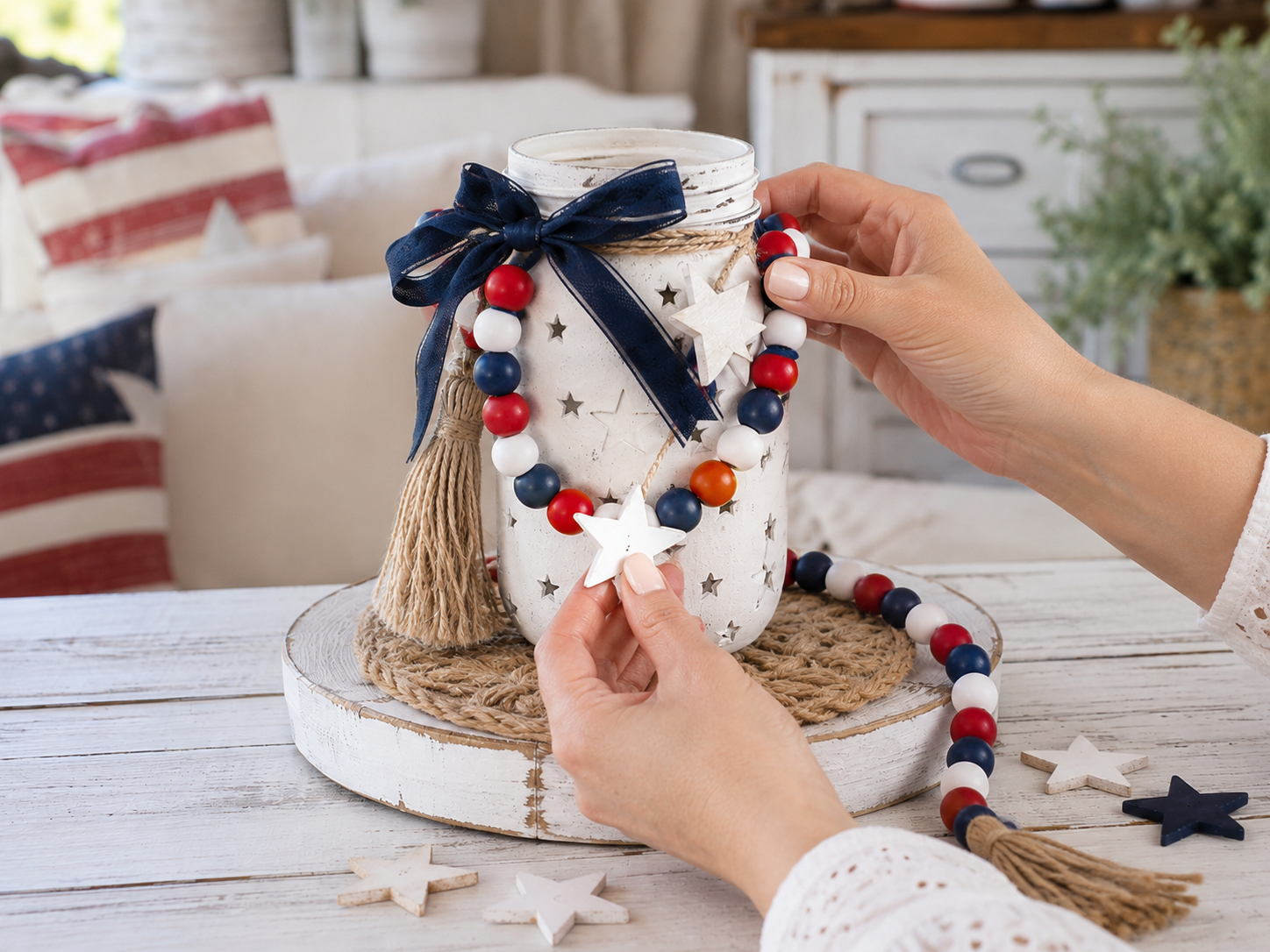 How to craft jar's bead garland - Farmhouse Patriotic Poppy Centerpiece (Dollar Tree Craft) DIY tutorial