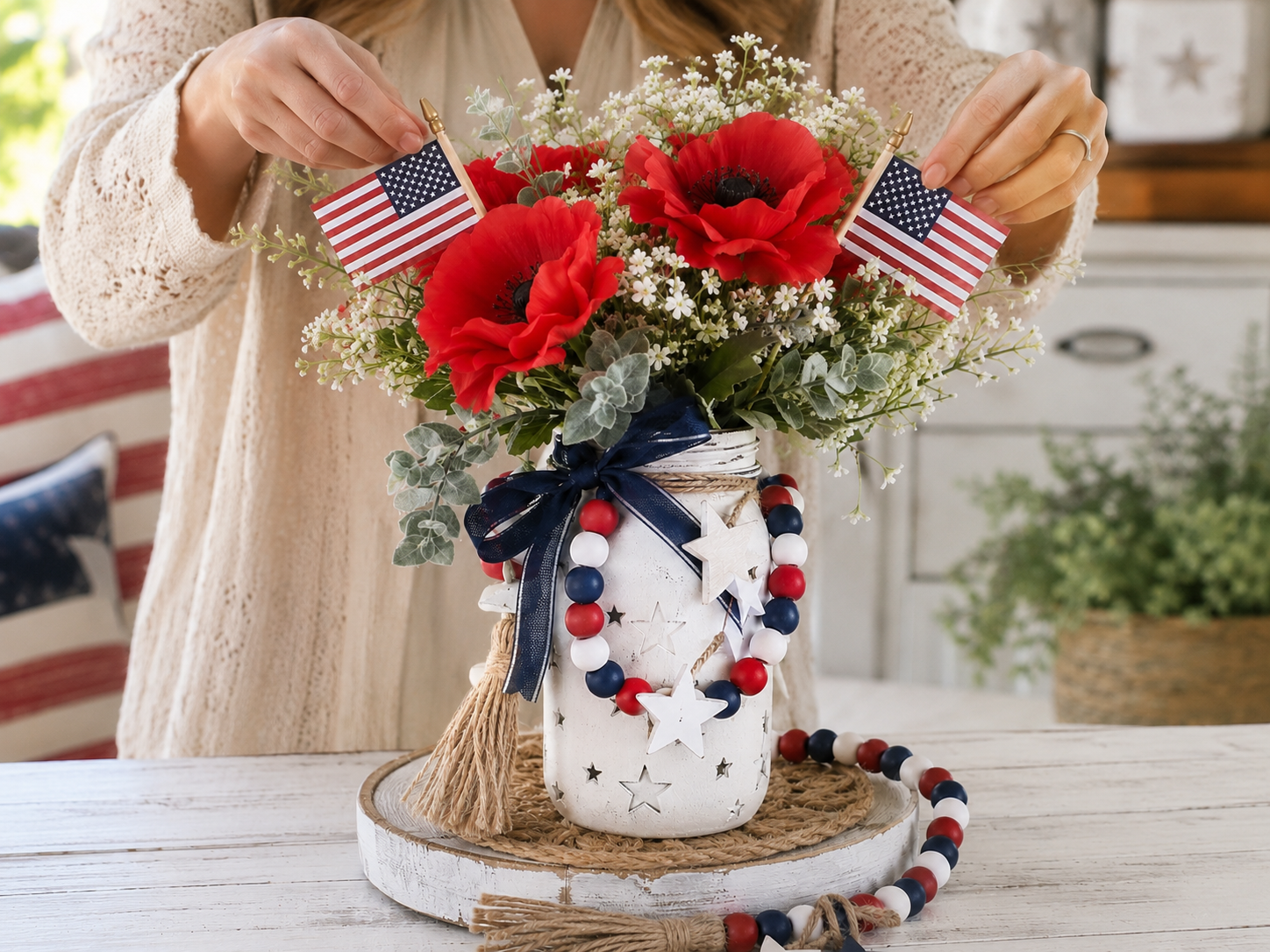 How to complete floral & flag details - Farmhouse Patriotic Poppy Centerpiece (Dollar Tree Craft) DIY tutorial