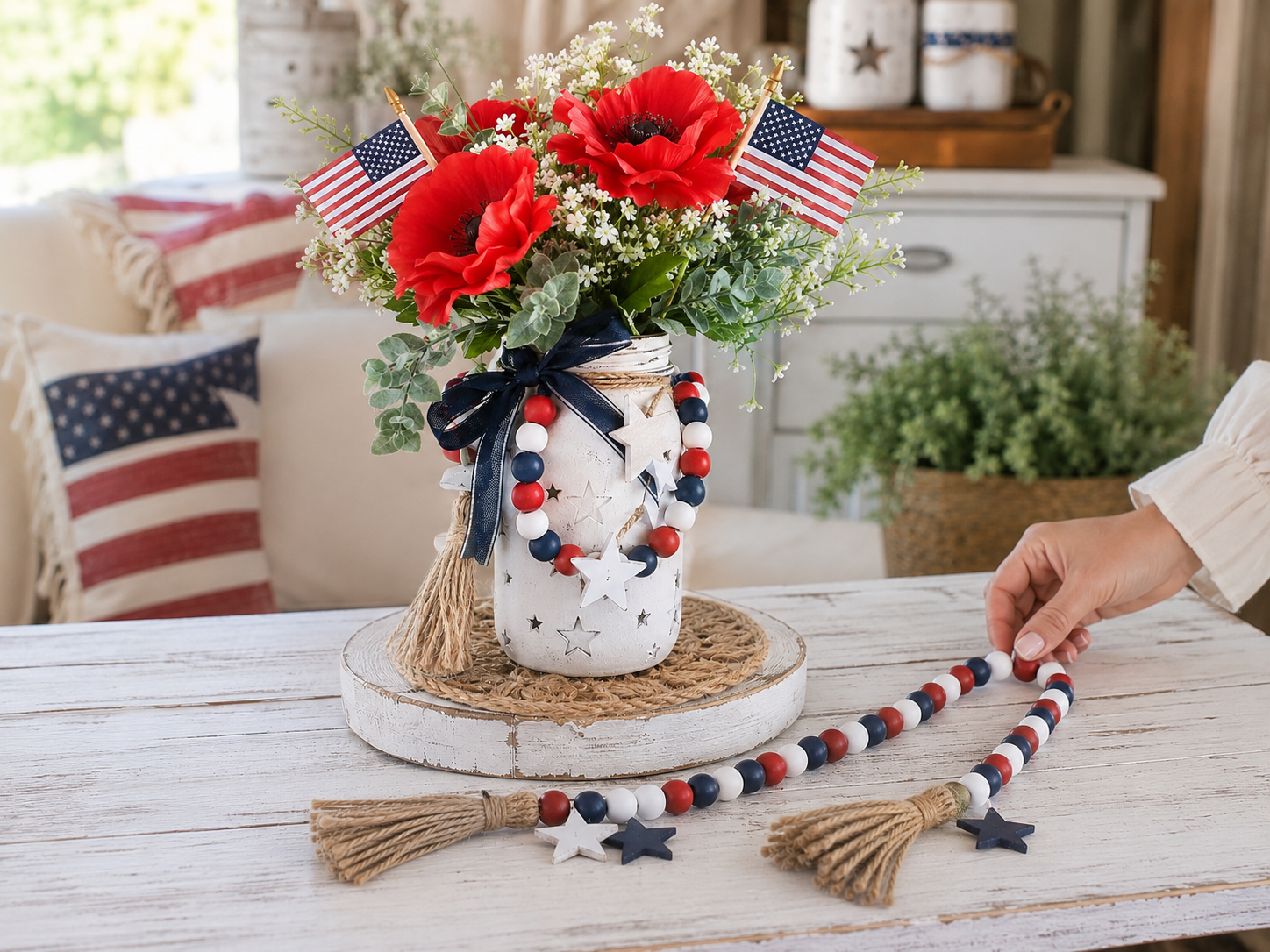 How to craft matching bead strand - Farmhouse Patriotic Poppy Centerpiece (Dollar Tree Craft) DIY tutorial