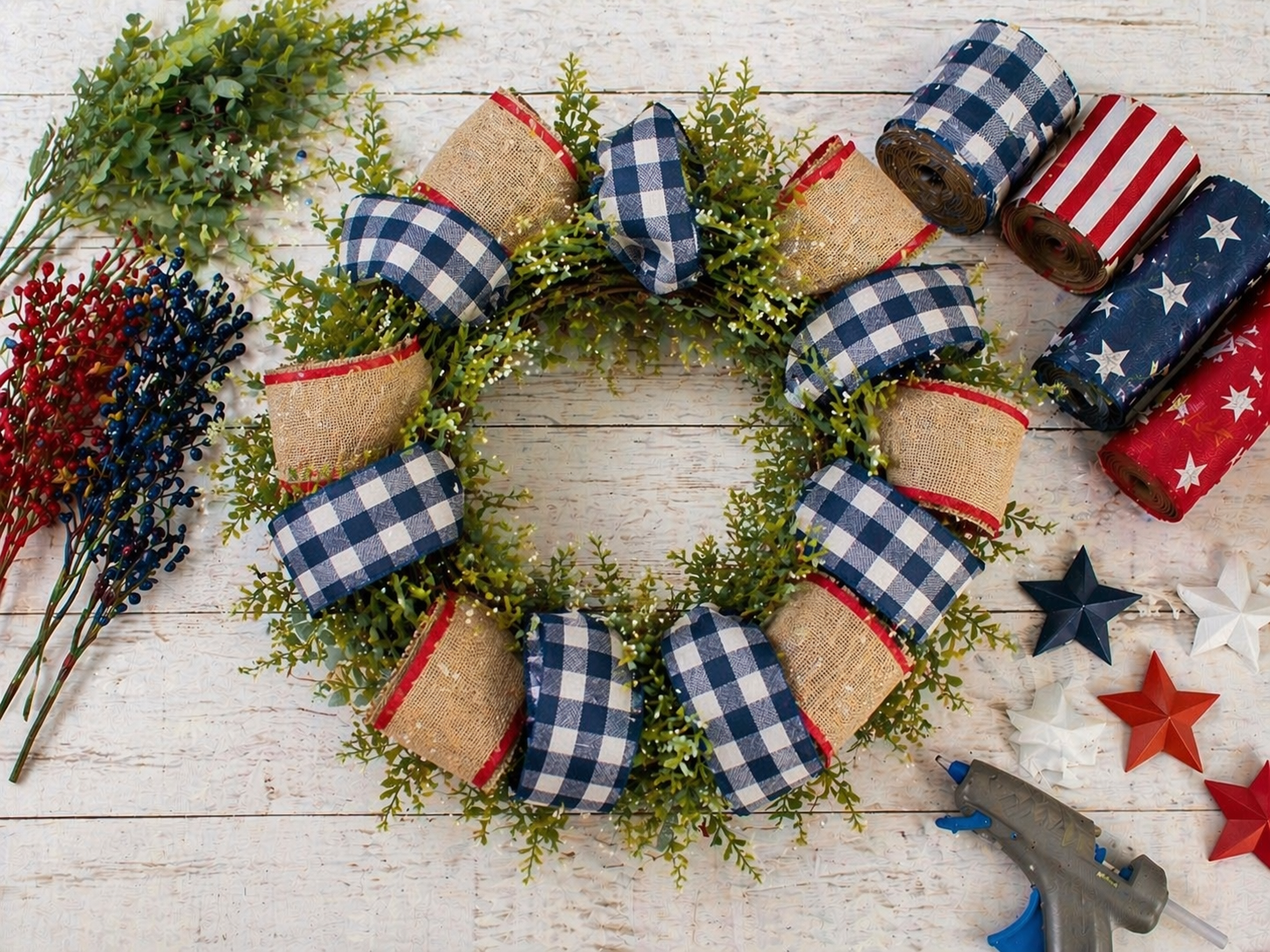 How to create the first ribbon layer - God Bless America Rustic Wreath DIY tutorial