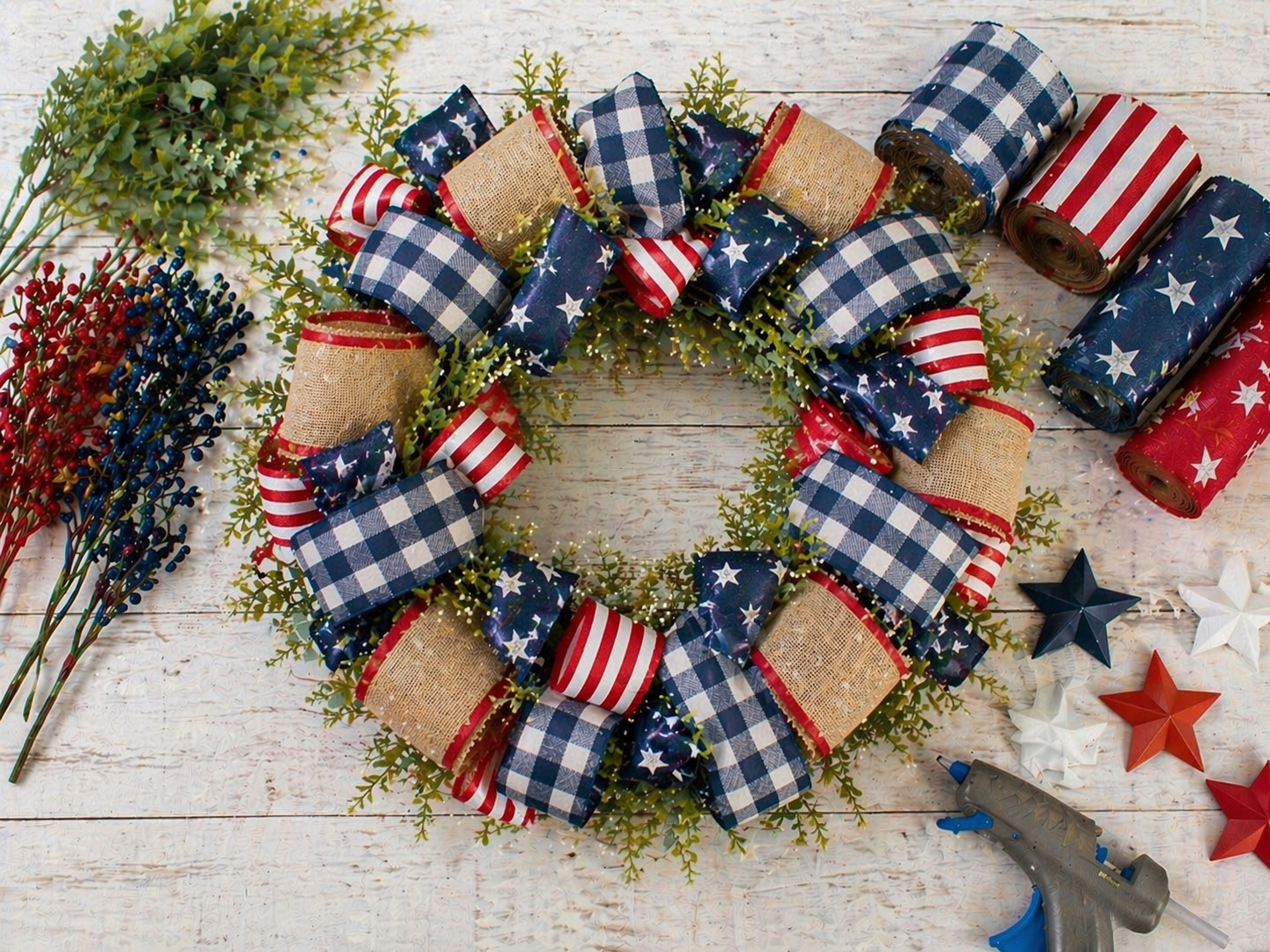 How to add the second ribbon layer - God Bless America Rustic Wreath DIY tutorial