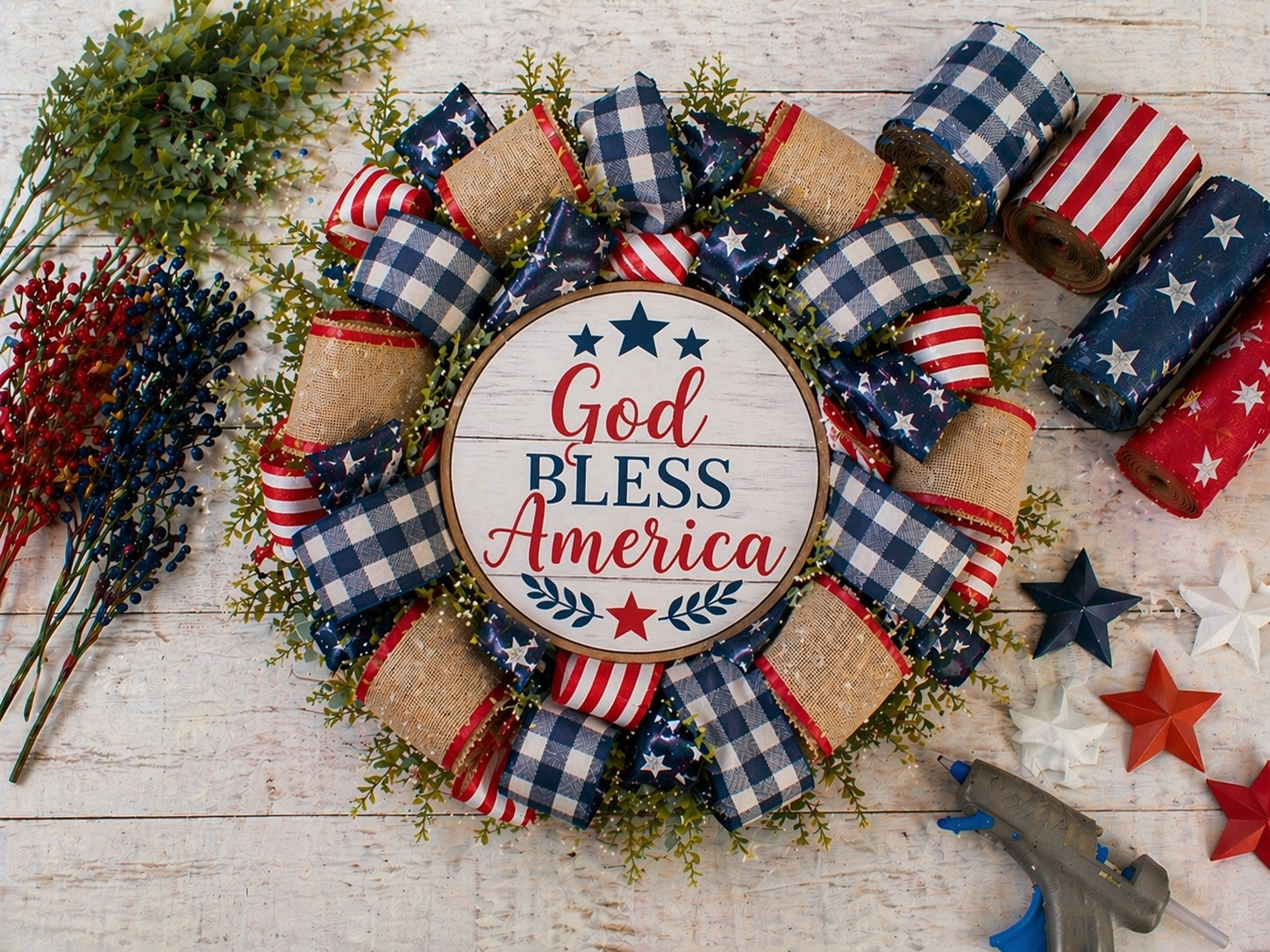 How to attach the center sign - God Bless America Rustic Wreath DIY tutorial
