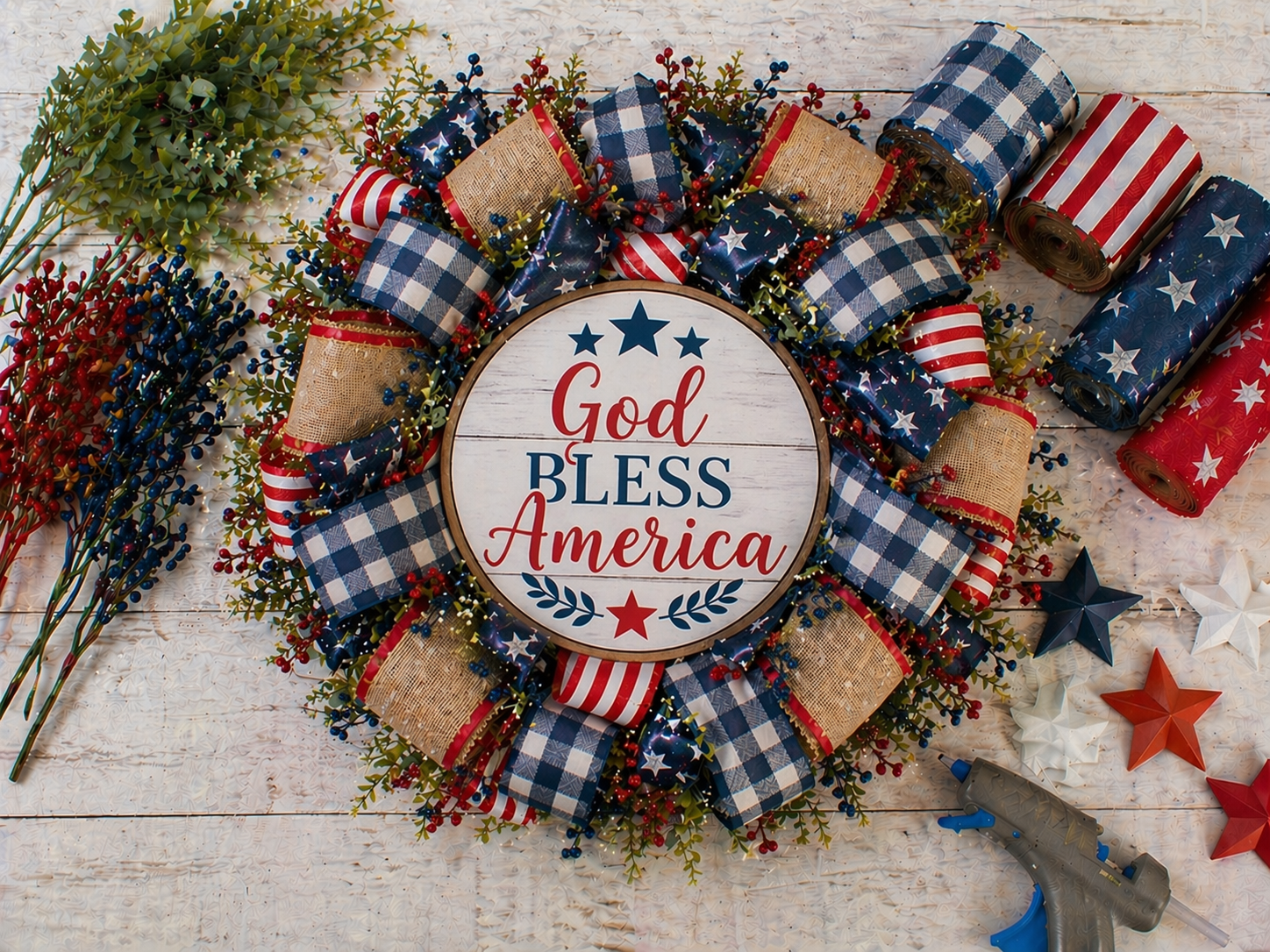 How to introduce berry picks - God Bless America Rustic Wreath DIY tutorial