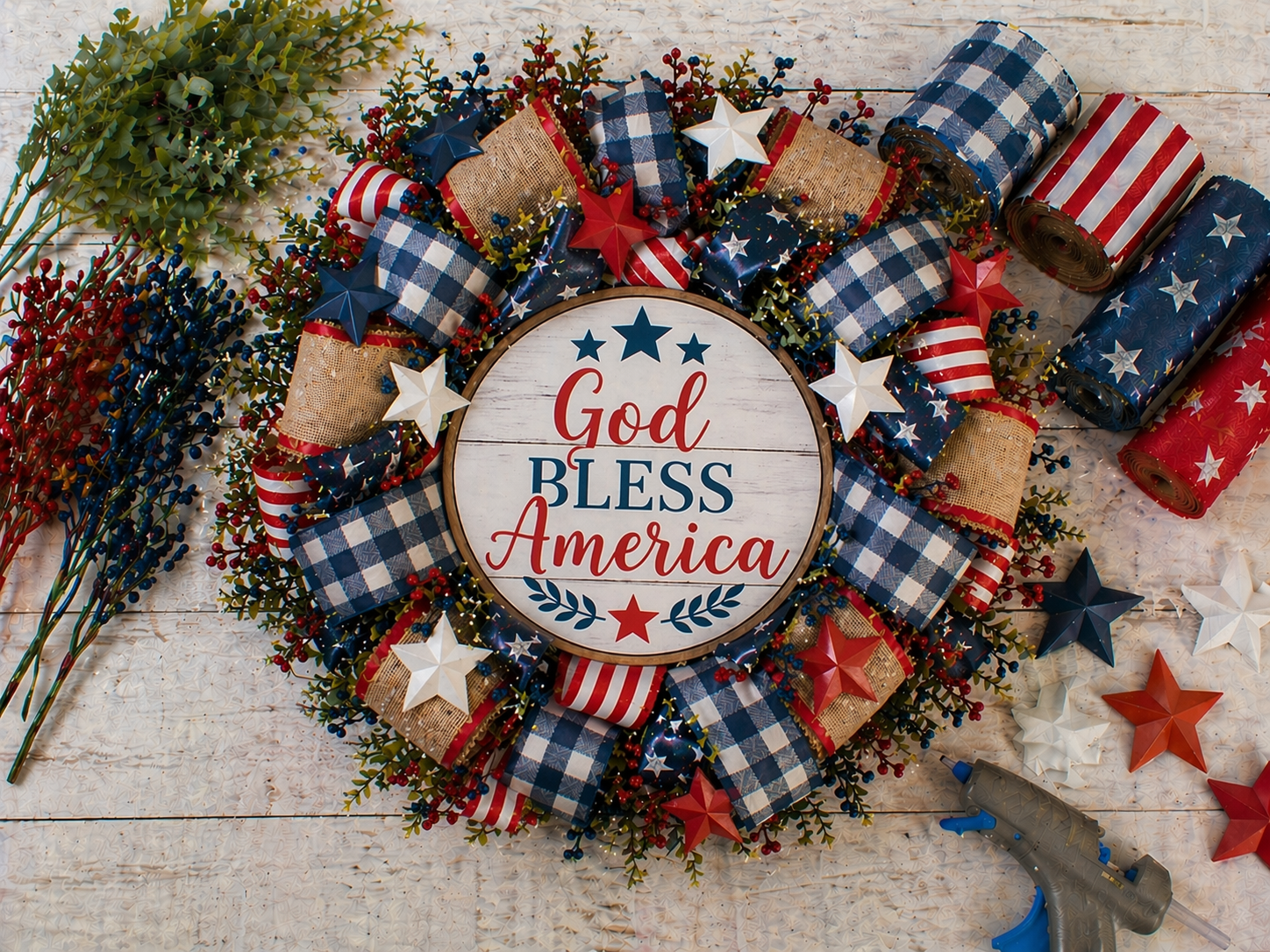 How to glue on the star accents - God Bless America Rustic Wreath DIY tutorial