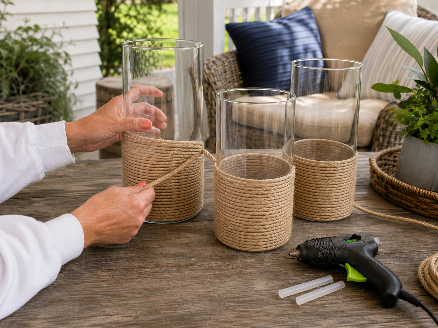 How to wrap with jute rope - Memorial Day Craft: Patriotic Rope Lantern Trio DIY tutorial