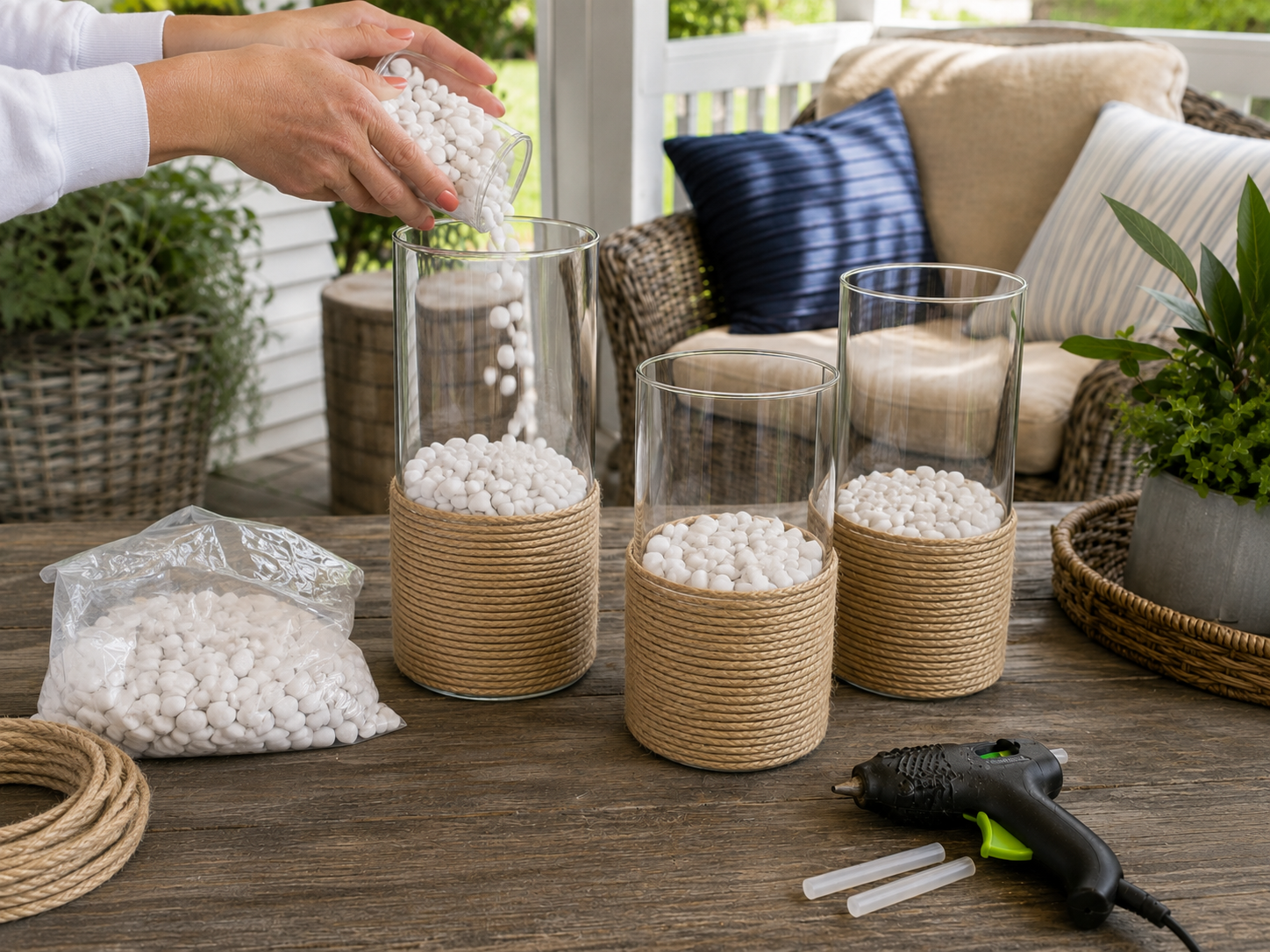 How to add white filler stones - Memorial Day Craft: Patriotic Rope Lantern Trio DIY tutorial