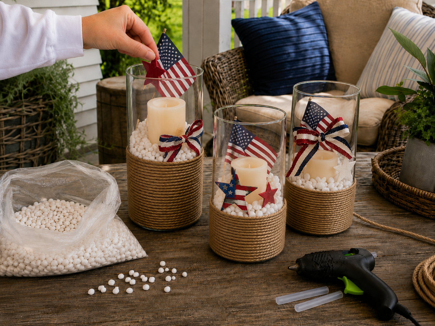 How to arrange patriotic accents - Memorial Day Craft: Patriotic Rope Lantern Trio DIY tutorial