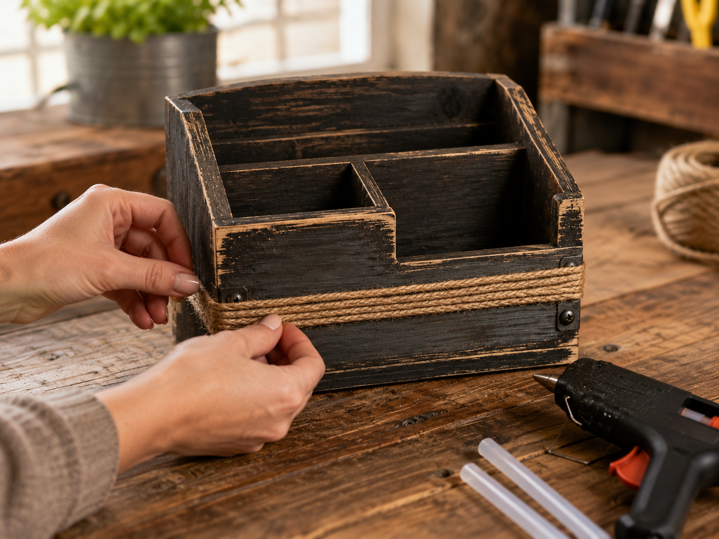 How to add rustic twine detail - Rustic Dad's Desk Organizer: A Workshop-Inspired Gift DIY tutorial