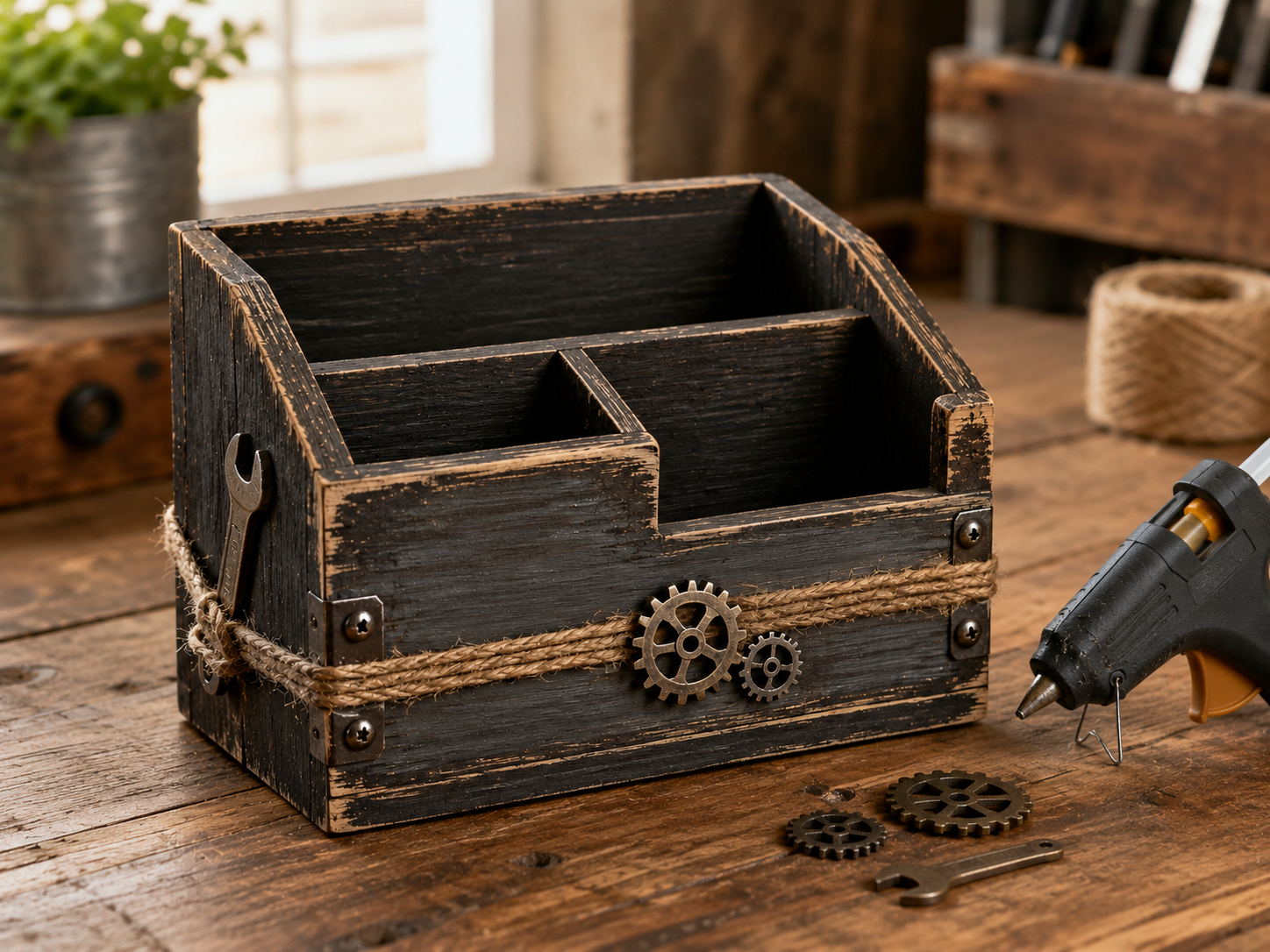 How to embellish with industrial accents - Rustic Dad's Desk Organizer: A Workshop-Inspired Gift DIY tutorial
