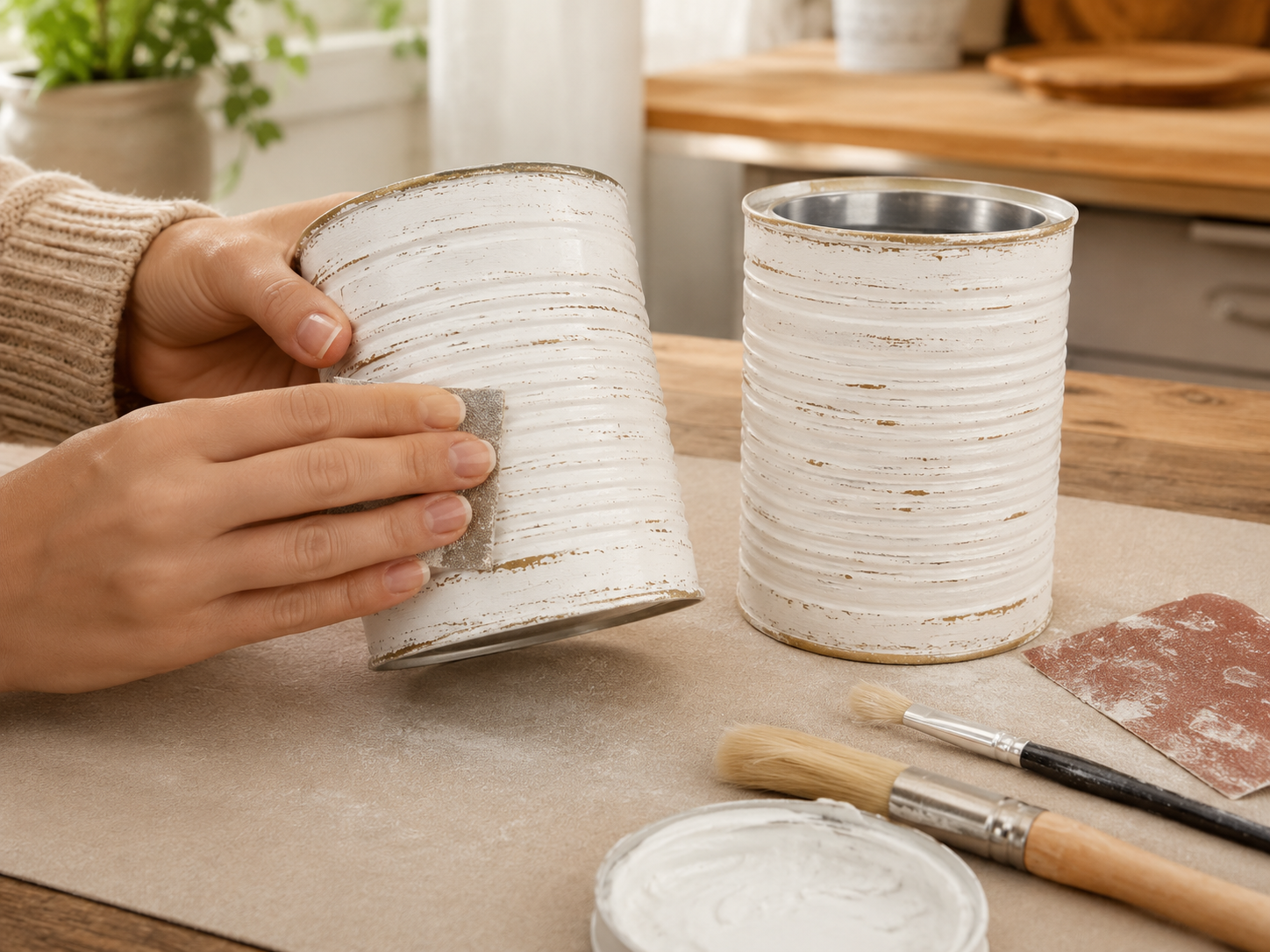How to paint & distress utensil cans - Rustic Farmhouse Kitchen Organizer Caddy (Dollar Tree DIY) DIY tutorial
