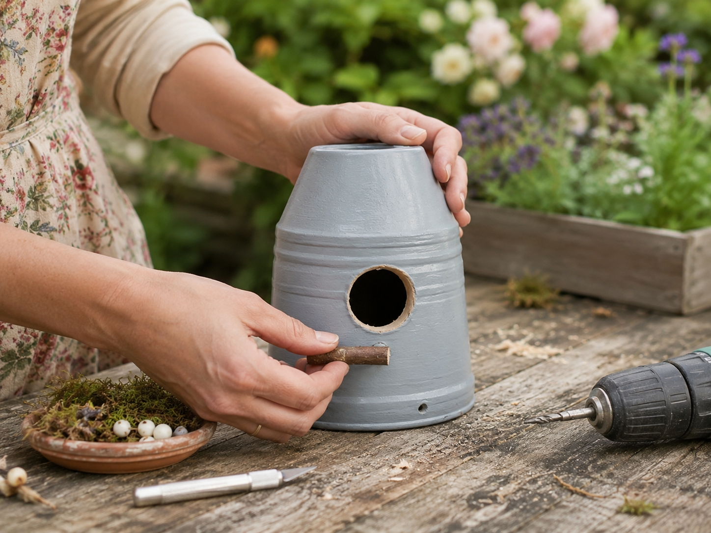 How to cut entry holes & perches - Rustic Garden Birdhouses from Upcycled Containers DIY tutorial