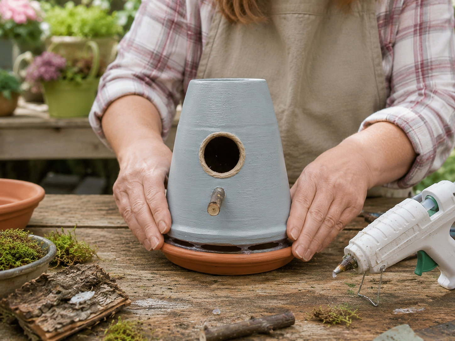 How to attach terracotta bases - Rustic Garden Birdhouses from Upcycled Containers DIY tutorial