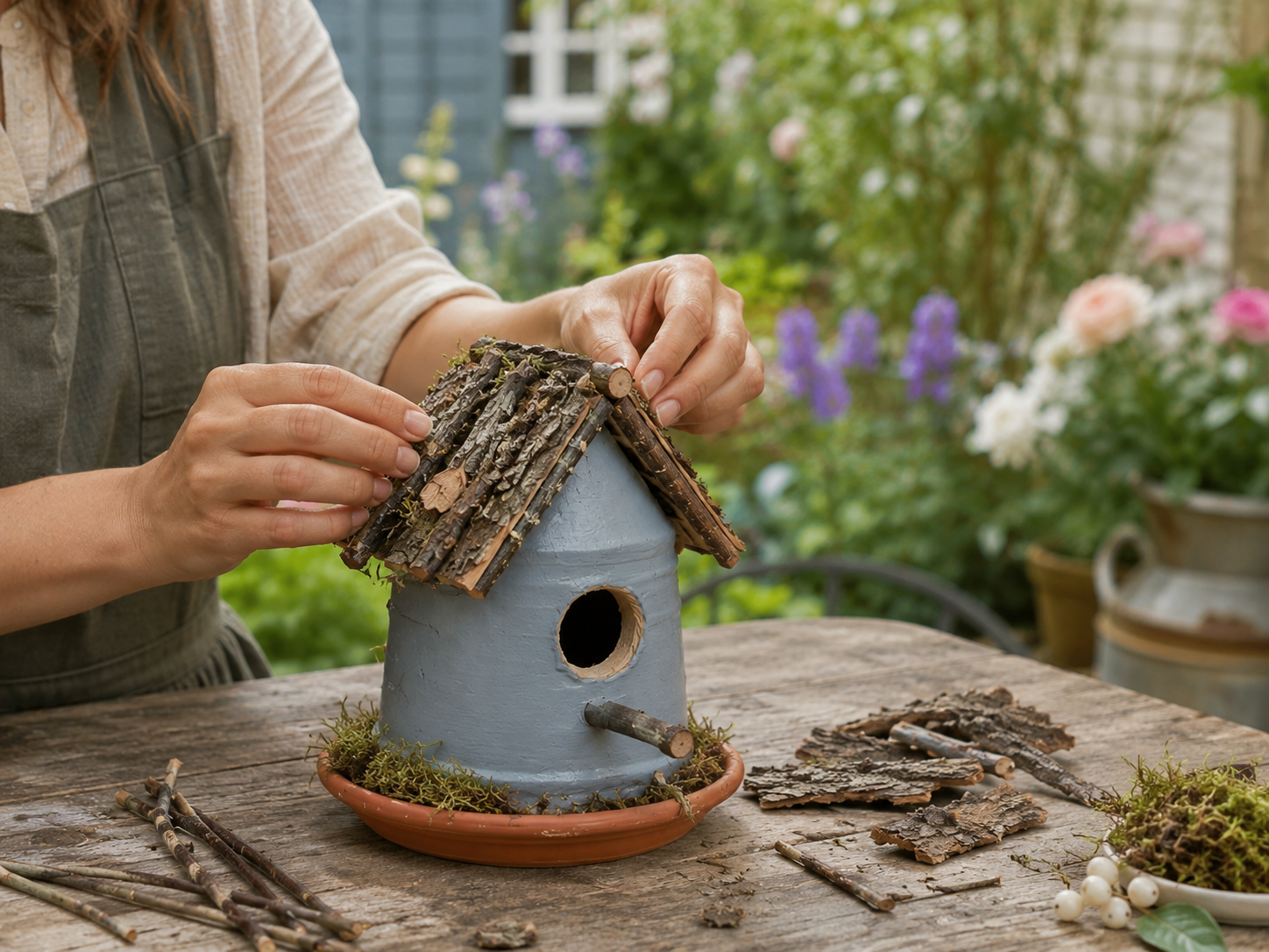 How to construct woodland roofs - Rustic Garden Birdhouses from Upcycled Containers DIY tutorial