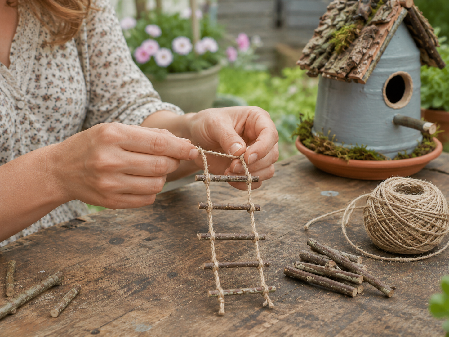 How to assemble hanging ladders - Rustic Garden Birdhouses from Upcycled Containers DIY tutorial